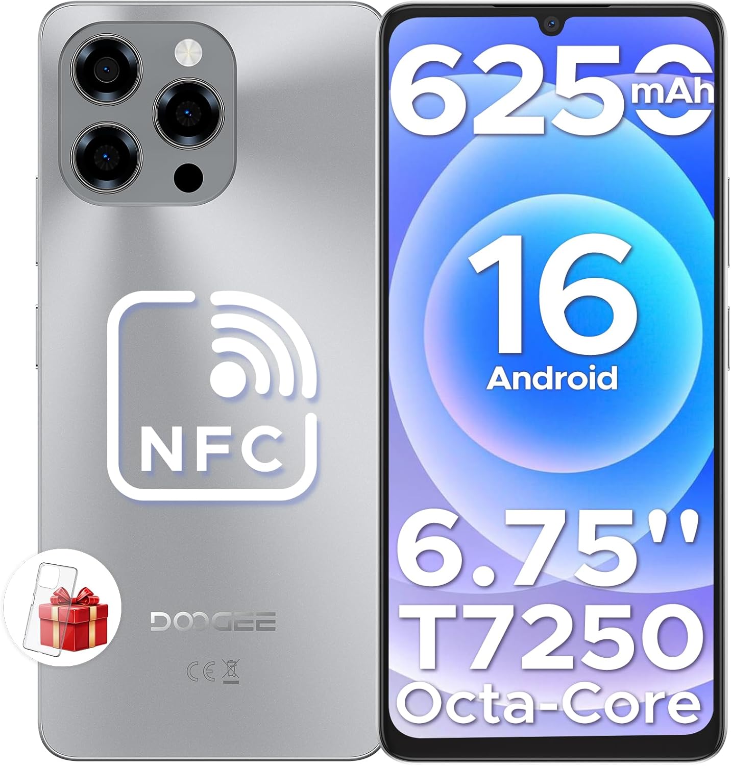 DOOGEE Note 58 Smartphone Android pas cher 16,32 Go (8 Go de RAM) + 128 Go ROM/TF 2 To Téléphone portable pas cher, téléphone 6250 mAh, smartphone Unisoc T7250, 6,75&Prime; HD, 16 MP + 8 MP, NFC/Widevine L1/4G SIM/Face ID