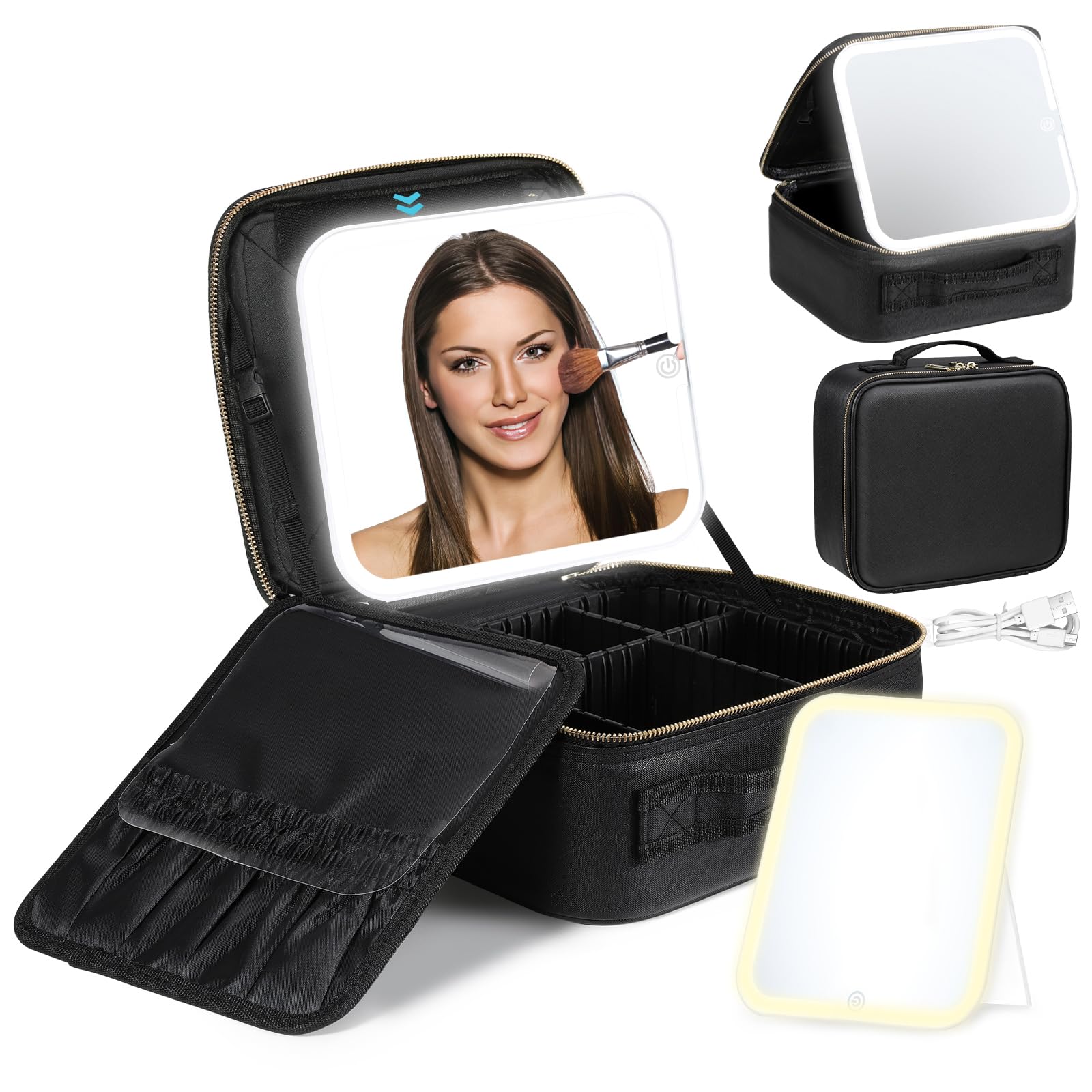 Luxspire Estuche de Maquillaje con Espejo LED, Bolsa de Cosméticos Grande con 3 Modos de Luz y Compartimentos Ajustables, Neceser Maquillaje Organizador para Viaje Pinceles Lápiz de Maquillaje, Negro