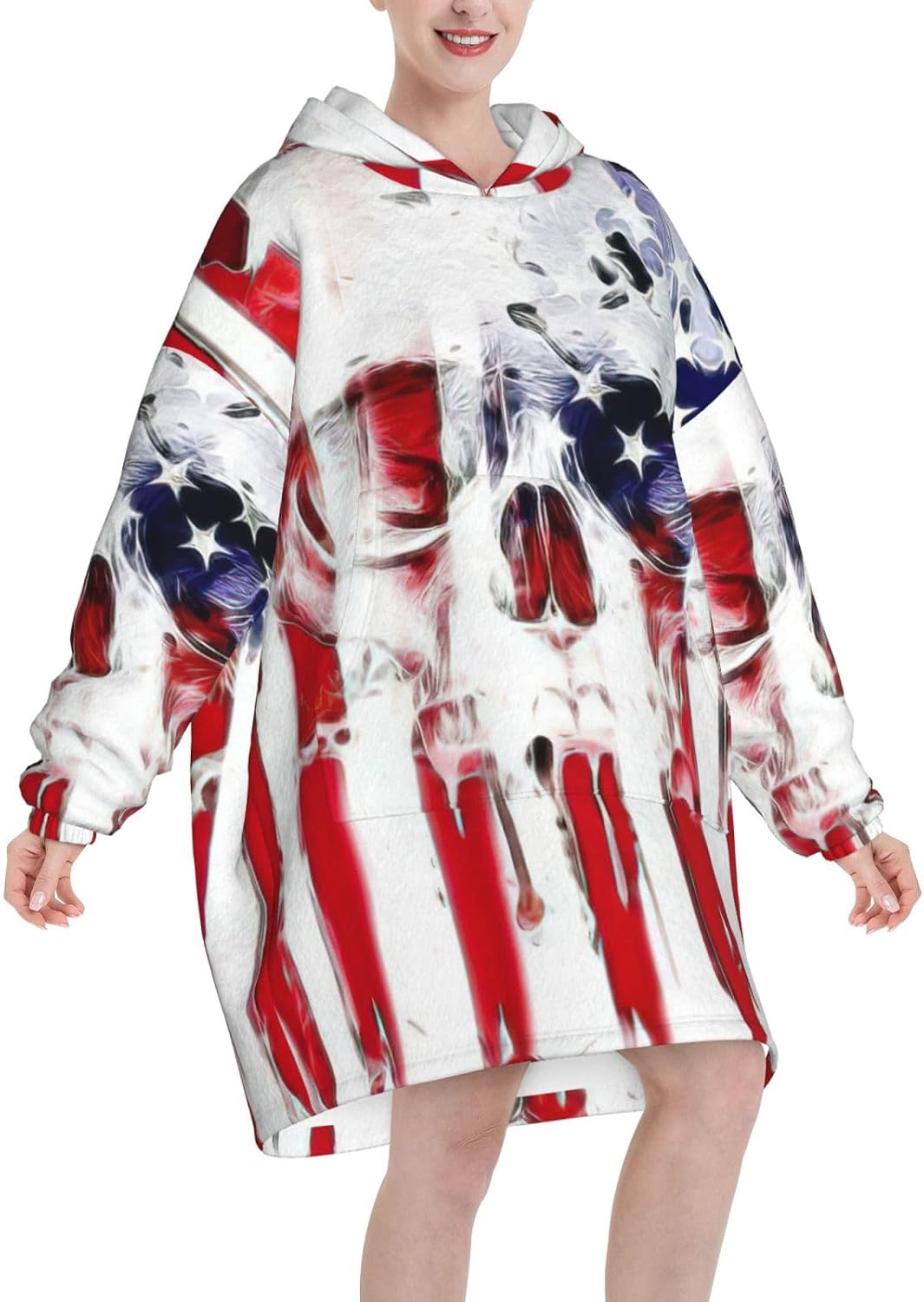 American Flag Skullprint Oversized Hoodie Blanket, Super Soft Warm Comfortable Hoodie, Wearable Blanket Adult