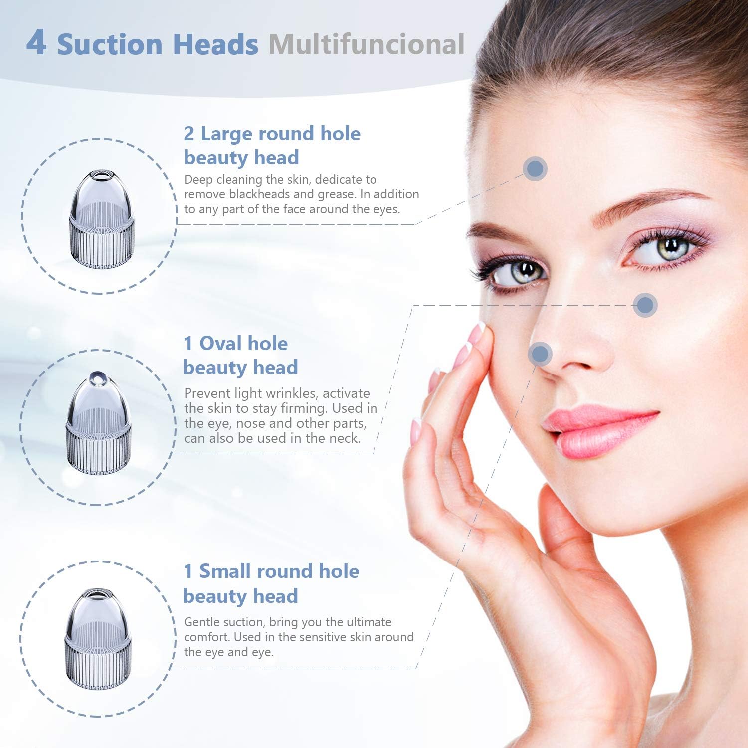Illustration of the four interchangeable suction heads for the blackhead remover: two large round hole heads, one oval hole head, and one small round hole head, with descriptions of their uses.