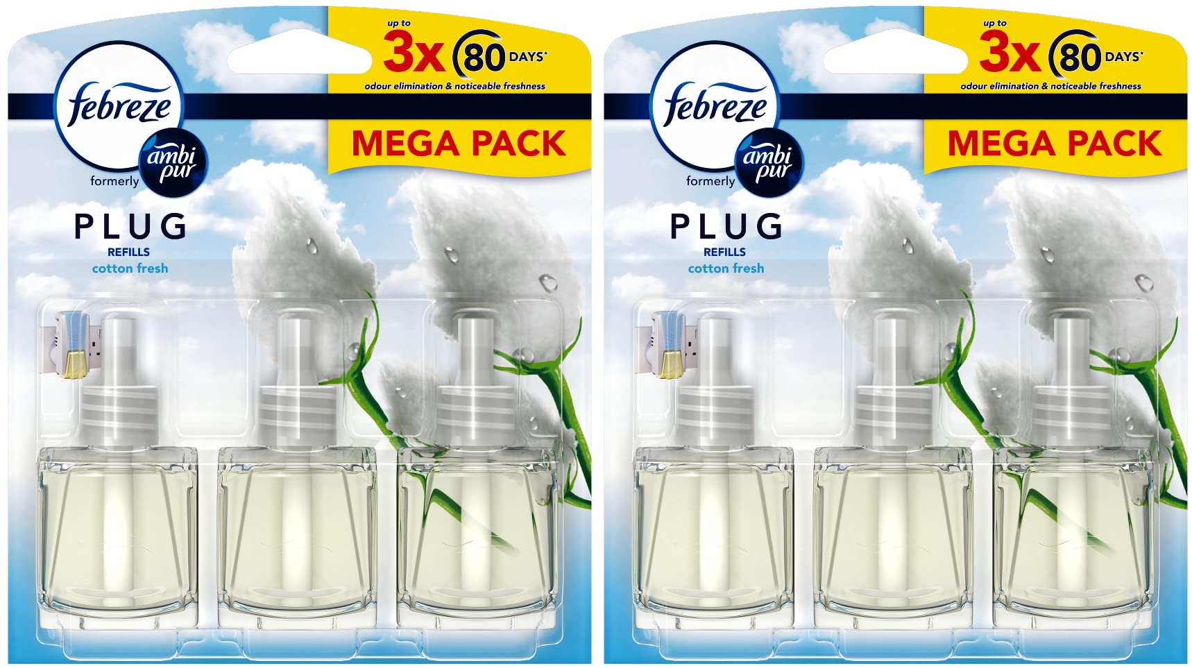 Febreze Ambi Pur Air Freshener Plug in Diffuser Refills, Mega Pack, Pack of Two, 6 x 20ml, Cotton Fresh Scent, 3 Count (Pack of 2)