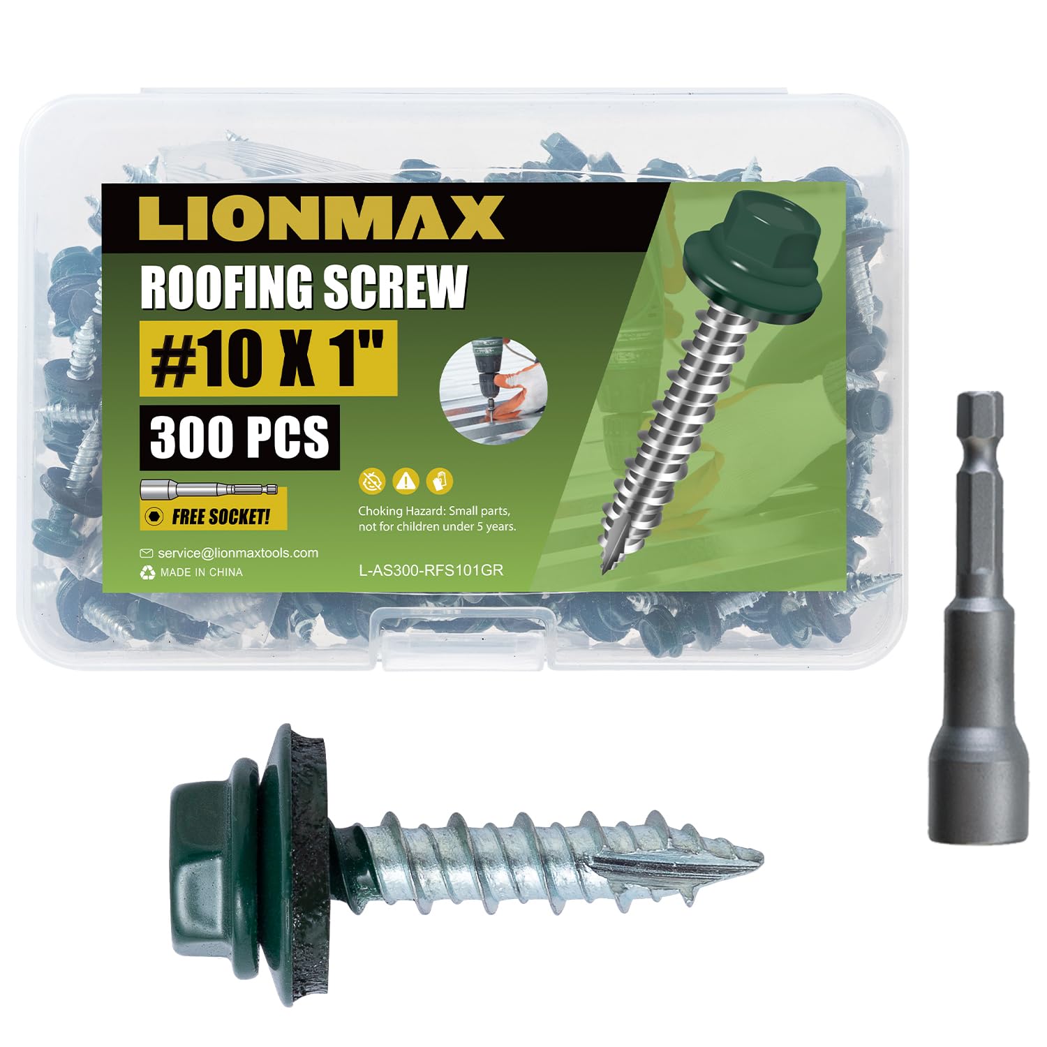 LIONMAX Metal Roofing Screws #10 × 1 Inch, 300-PCS, Forest/Ivy Green Painted Hex Head Sheet Metal Roof Screws, Rubber Washer, Sharp Point, Metal to Wood Siding Screws, Hex Socket Included