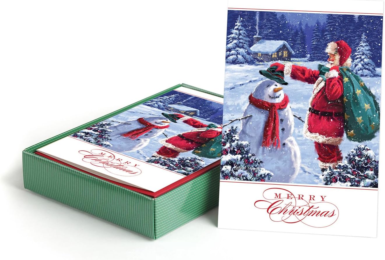 Canopy Street Masterpiece Santa's Friend Christmas Cards / 16 Boxed Santa Holiday Card Set With Coordinating Blue Envelopes / 5 5/8" x 7 7/8" Folded Winter Snowman Greeting Cards With Inside Verse