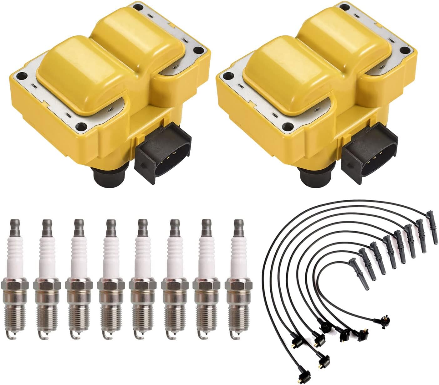 ENA Set of 2 Heavy Duty Ignition Coil with 8 Platinum Spark Plug and Wire Set Compatible with Ford Expedition Ranger Continental Marquis Mountaineer Replacement for FD487