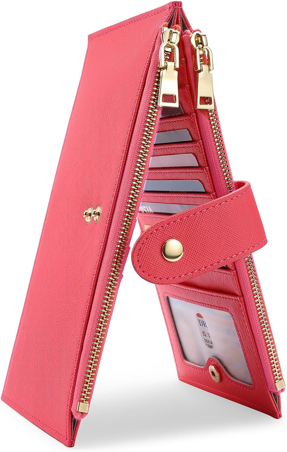 GOIACII Womens Wallet Rfid Blocking Bifold Credit Card Holder with 2 Zipper Pockets Coral Pink