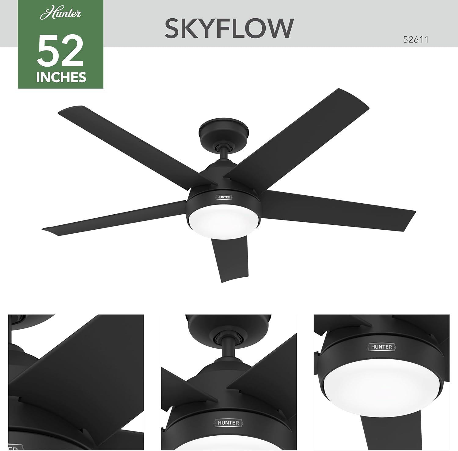 Hunter 52589 Skyflow Outdoor Ceiling Fan with LED Lights & Wall Control, Matte Black
