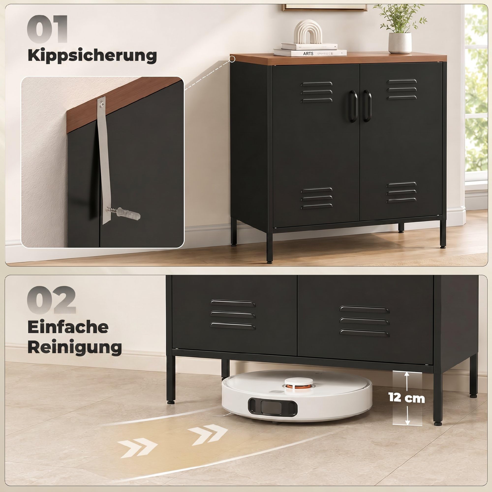 HOMCOM Sideboard aus Metall mit 2 Türen, Stahlbeinen, 80x40x80 cm, Schwarz | Industrieller Aktenschrank, Verstellbarem Regal, Beistellschrank, für Wohnzimmer, Küche, Esszimmer, Büro