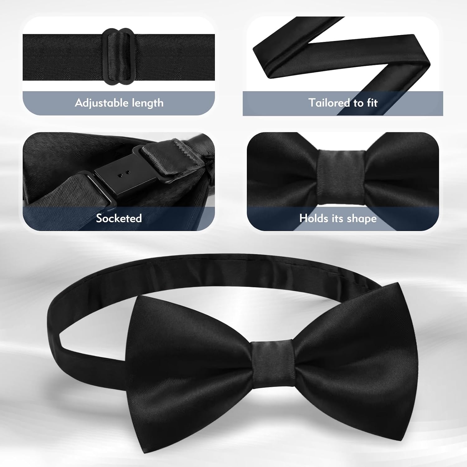 2 Pcs Bow Ties for Men, Black Bow Tie for Wedding & Party, Adjustable Satin Dress Bow Tie for Men, Boys