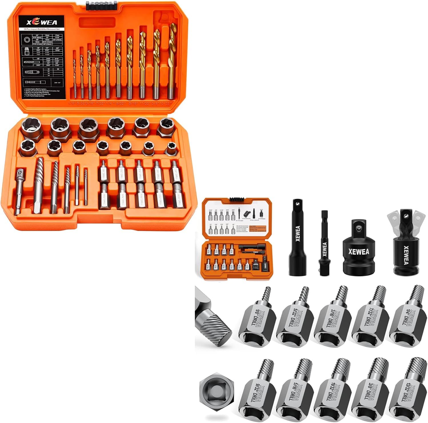 XEWEA 53PCS Screw & Bolt Extractor Set with Left Hand Drill Bits, Multi-Spline Easy Out Socket Kit for Stripped, Rusted, Broken Bolts, Nuts & Screws