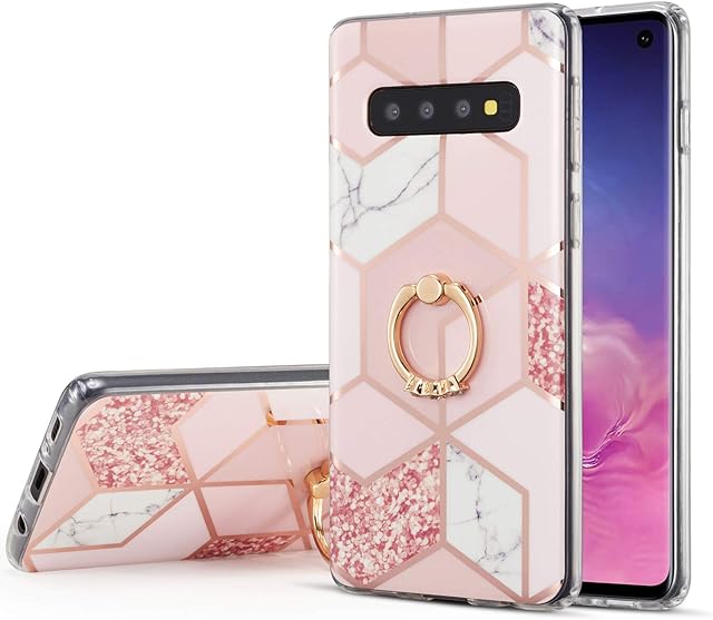 DEFBSC for Samsung Galaxy S10 Marble Case, Marble Phone Case with 360 Degree Ring Kickstand Slim Anti-Scratch Shockproof Cover Soft TPU Bumper Back Case for Samsung Galaxy S10, Pink # 2