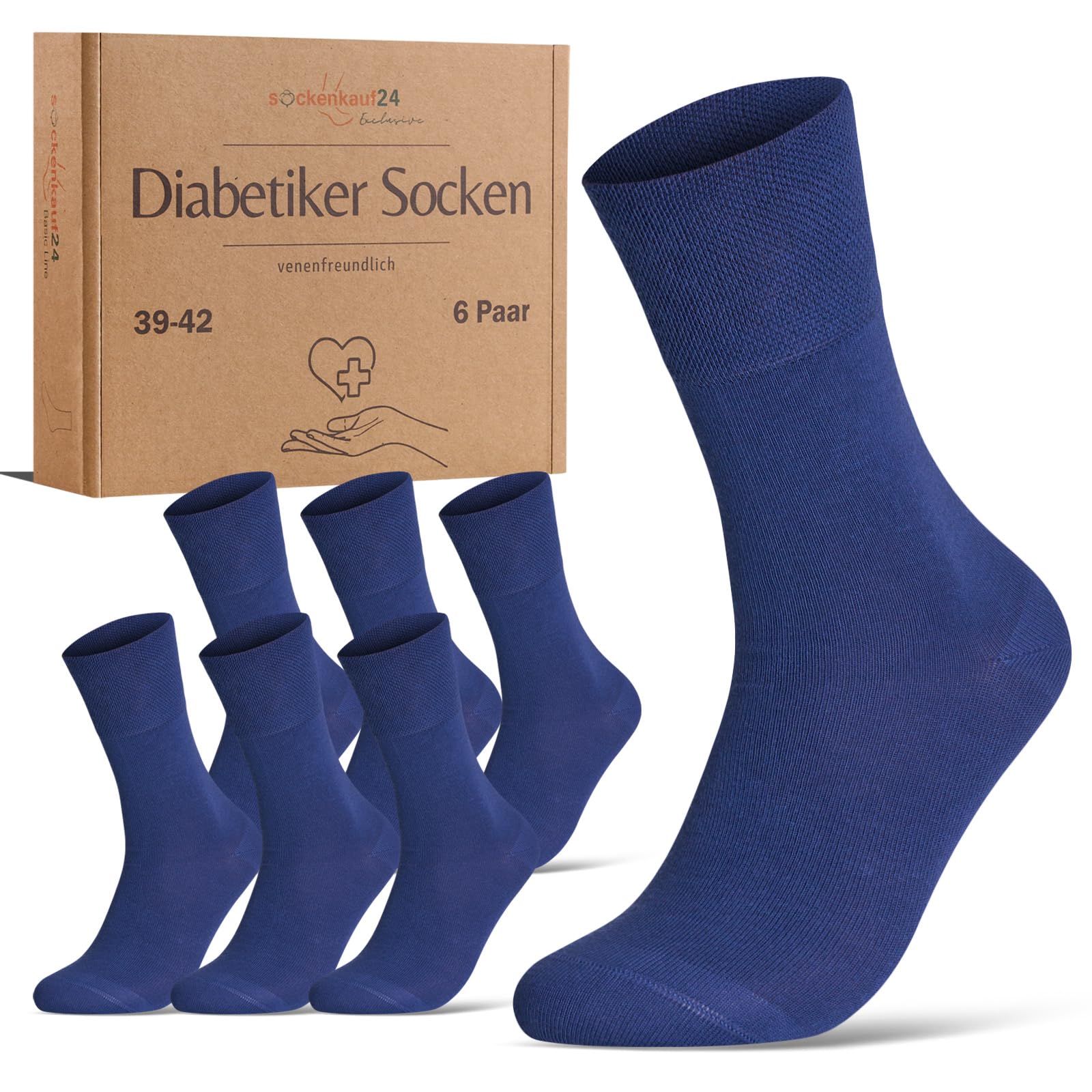 sockenkauf24 Diabetic socks without elastic waistband and seamless, 97% cotton (6 pairs), diabetic socks with comfort waistband for men and women, blue, 43-46