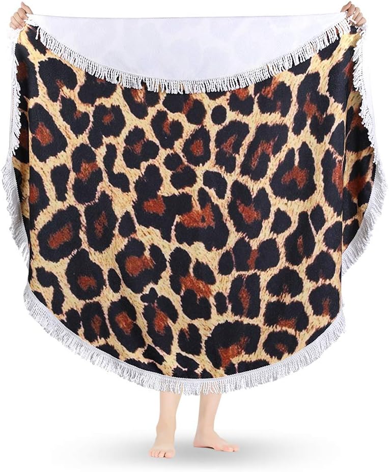 Leopard Round Beach Towel Blanket Microfiber Yoga Mat with Tassels Ultra Soft Super Water Absorbent Multi-Purpose Towel