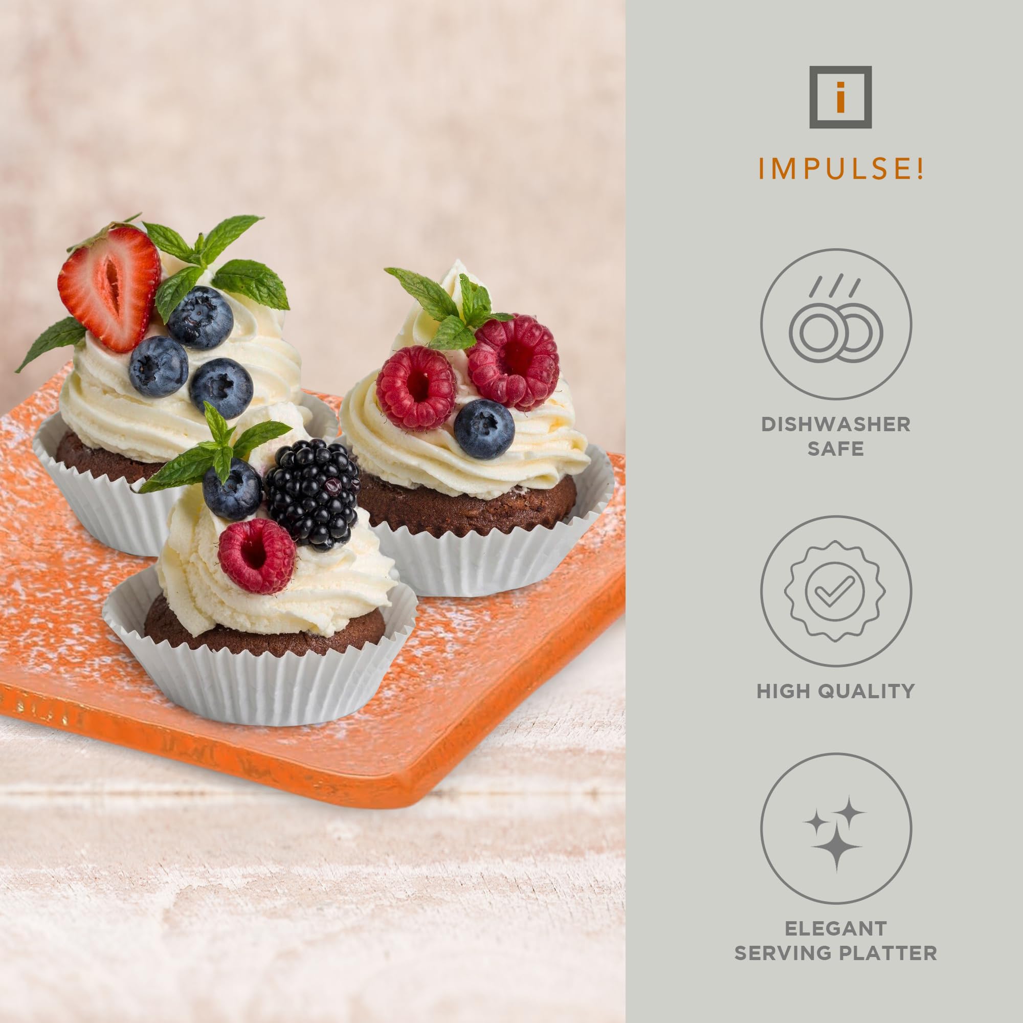 IMPULSE! Splendido Mini Square Glass Plates (Orange) Set of 4- Elegant Functional Plates Perfect for Small Bites, Serving, Mini Desserts, Dips, or Candies- 3.15
