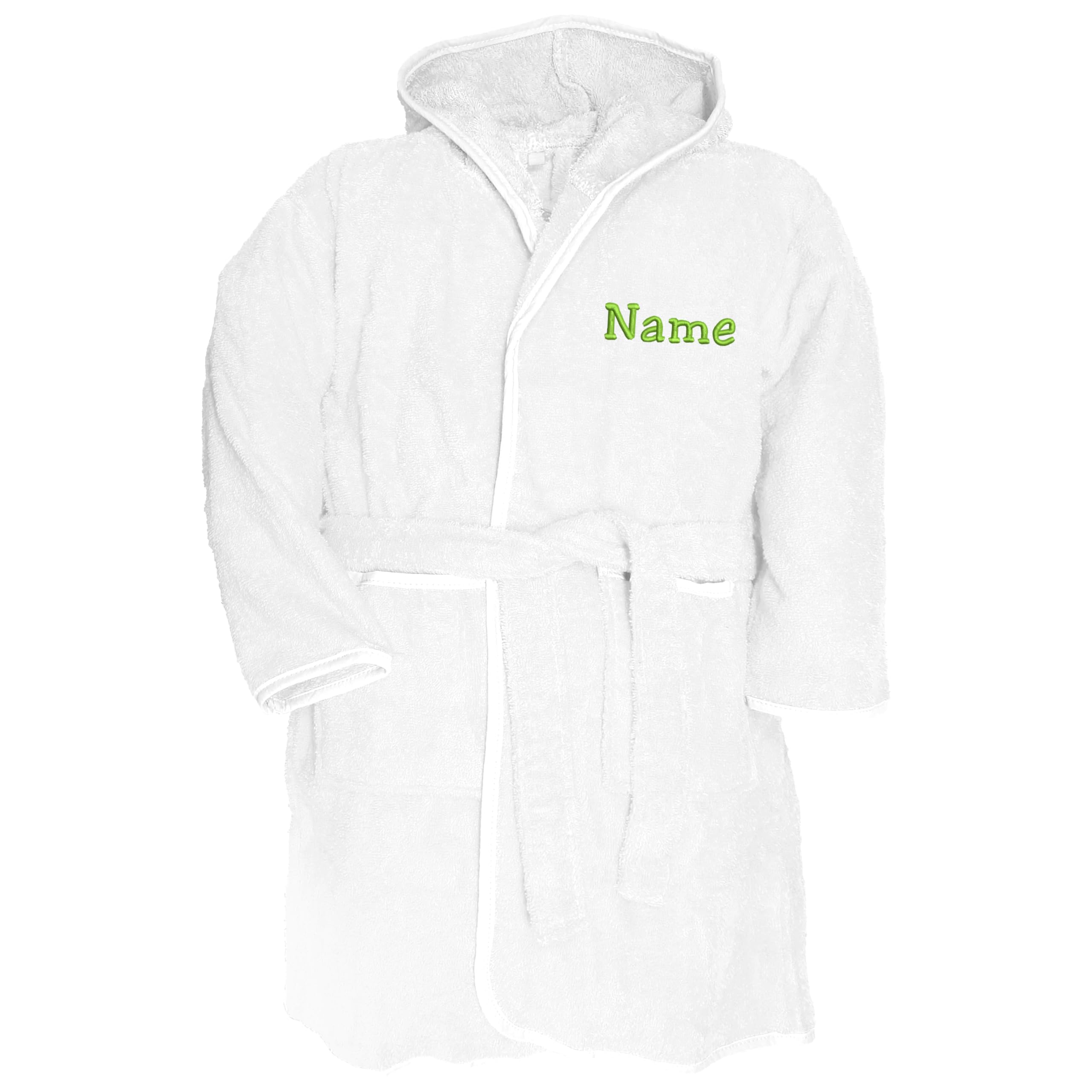Nashville print factory Kinderbademantel Bademantel mit Kapuze bestickt mit Name/Wunschtext M021 (DE/NL/SE/PL, Numerisch, 116, 128, Regular, White/White)