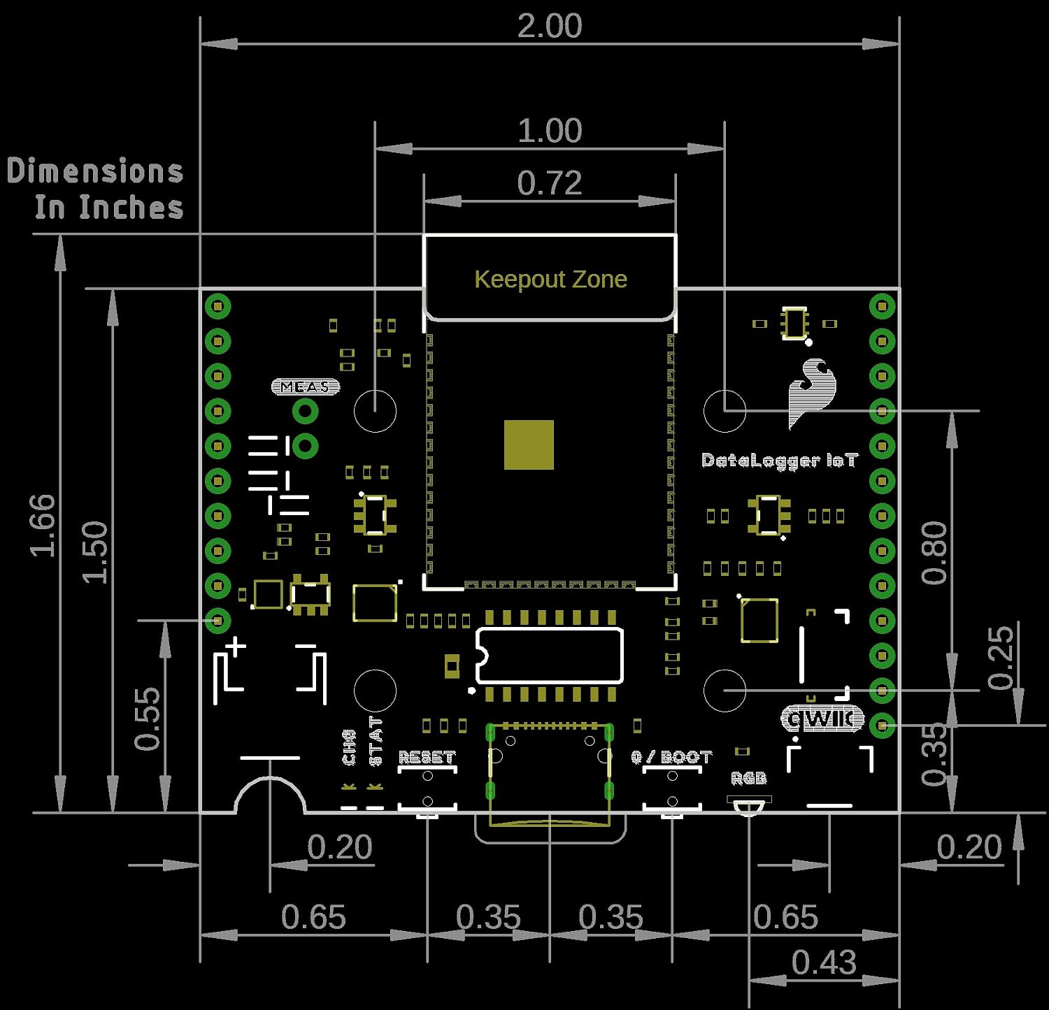 SparkFun DataLogger IoT, ESP32-WROOM-32E Module, MAX17048 LiPo Fuel Gauge, Dimensions: 1.66in. x 2.00in.