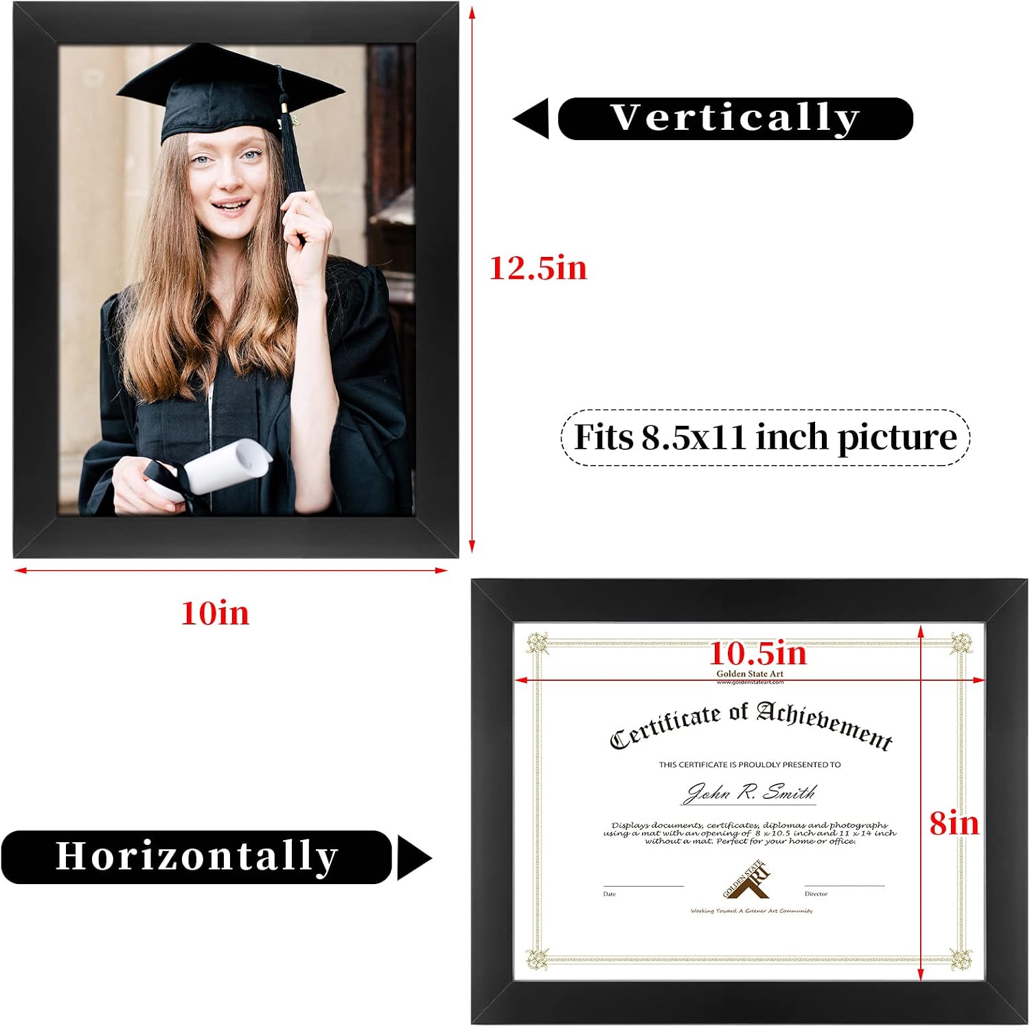 Golden State Art, 8.5x11 Diploma Frame, Black Frame -Display 8.5x11 Photos/Certificate, Solid Wood with Tempered Glass and Easel - Horizontal and Vertical Formats for Wall and Tabletop, 2 Pack