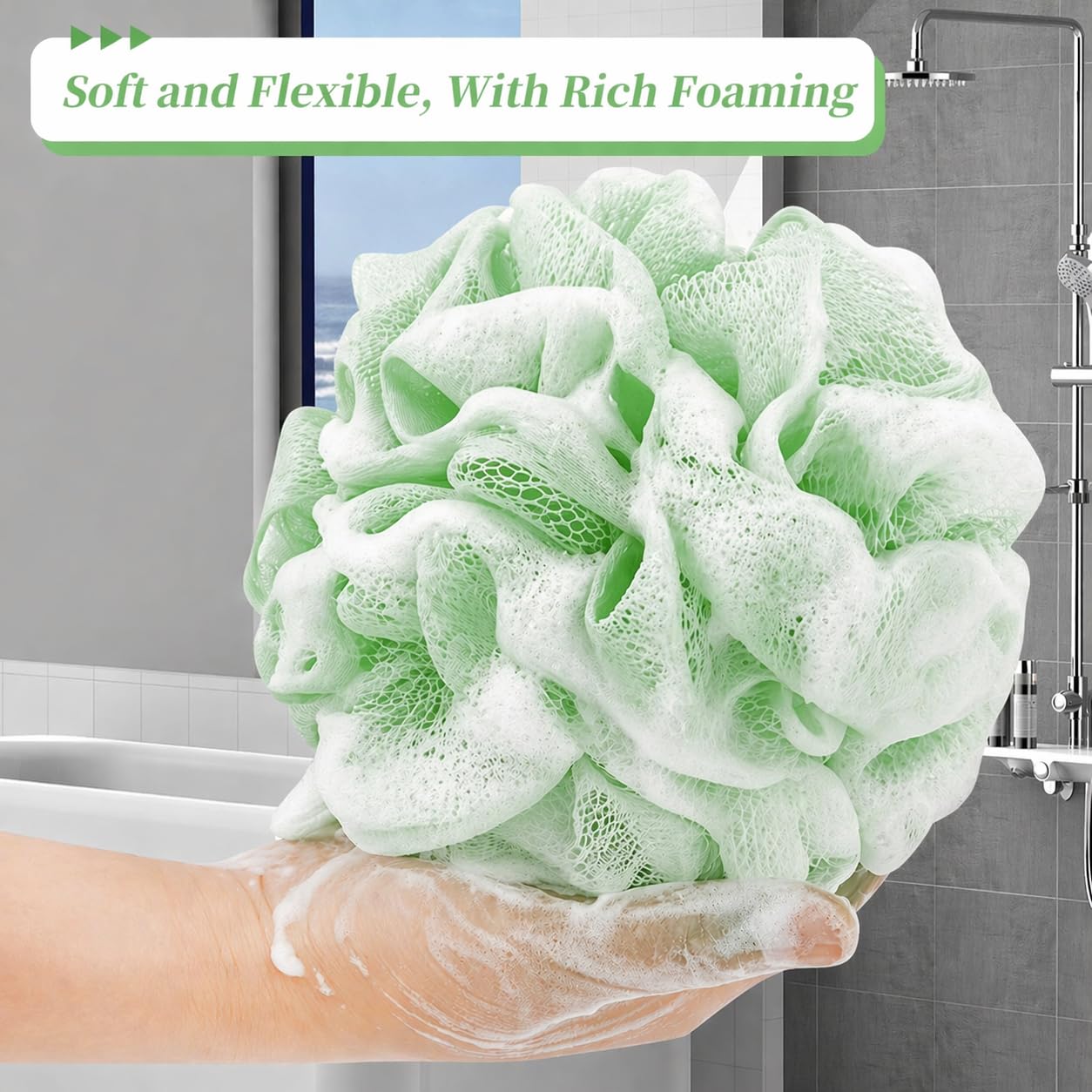 XOPY Silicone Back Scrubber Belt and Mesh Bath Loofah Pouf Combo, Double-Sided Exfoliating, Long Handle, 2 Count 4
