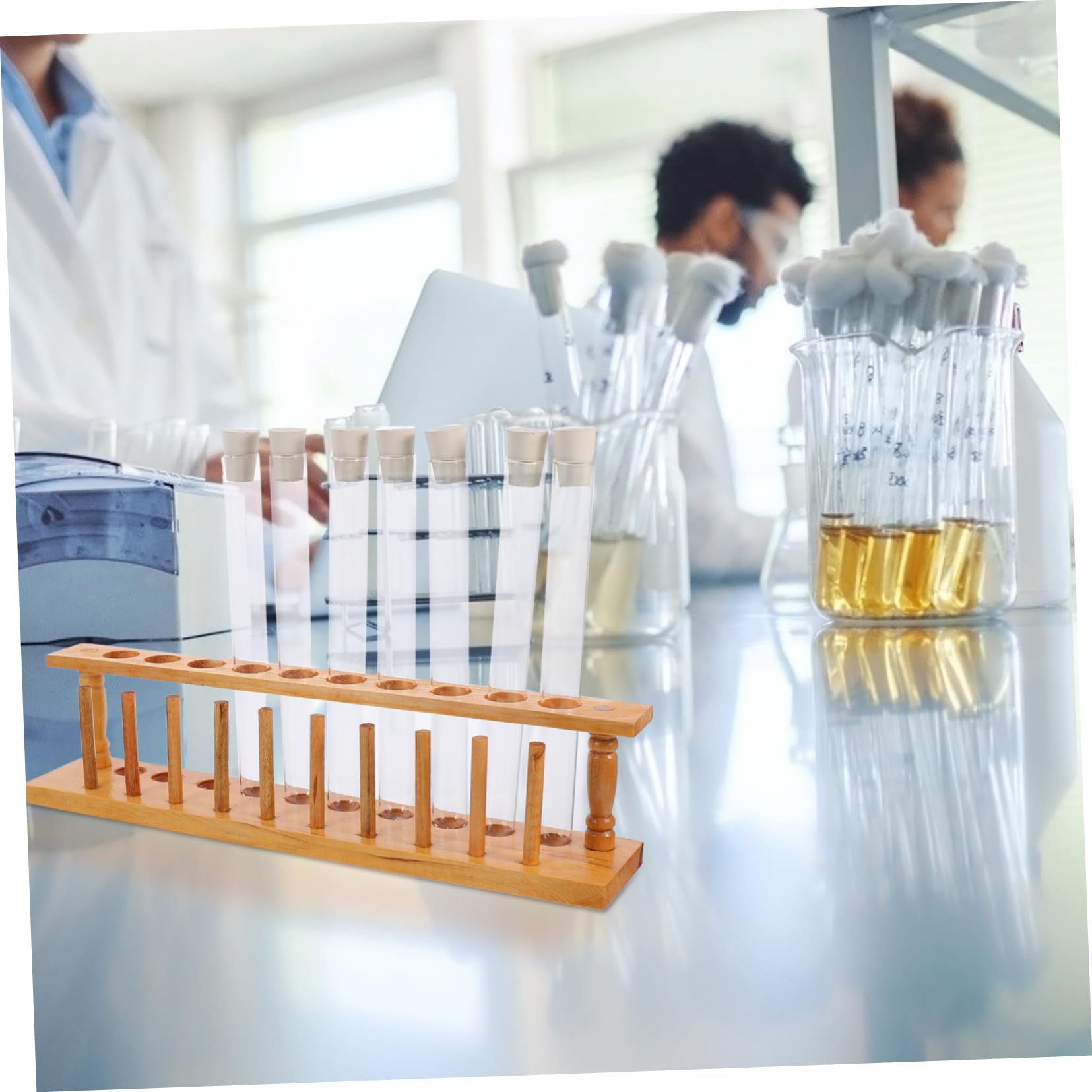 Reagenzglas 30mm mit Stopfen 10 Glas Probiergläser 10-loch Holzständer und Reinigungsbürste für Schule und Labor