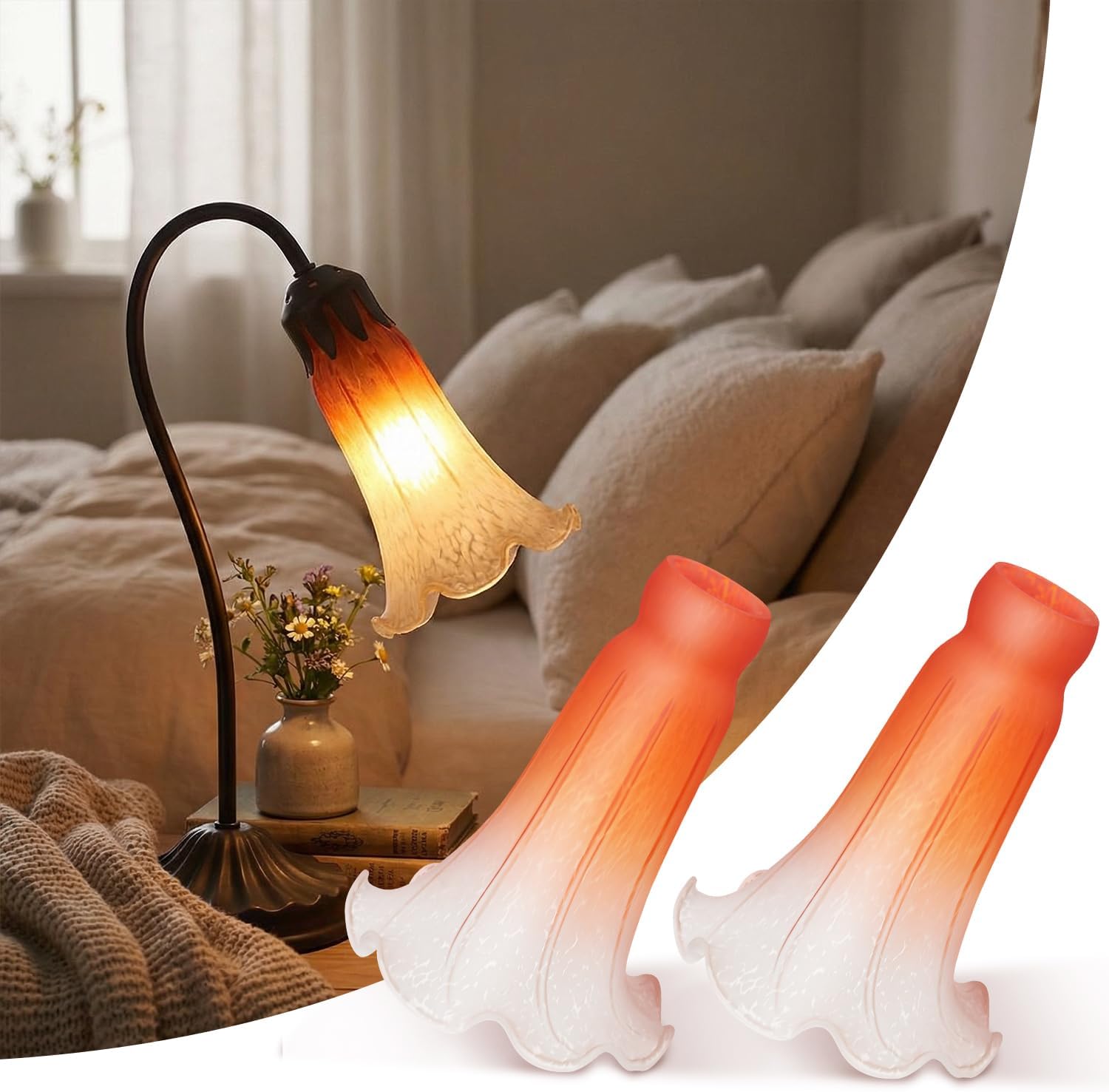 Teenyyou 2 Pack Lily Flower Blown Glass Lampshade Orange White Glass Lamp Shade Replacement for Table Floor Lamps, I. D. 1.26" x O. D. 1.5", Fits E12 Base