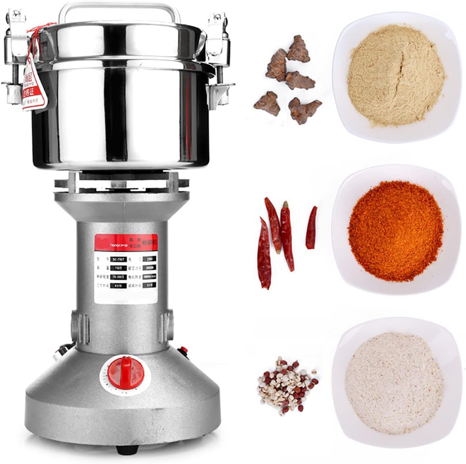 750G Electric Grain Grinder Mill Herb Grinder Vertical Type Flour Mill Stainless Steel Cereal Pulverizer High Speed 3 Blade Grinding Timing For Cereal Bean Seed Nut Spice Pepper