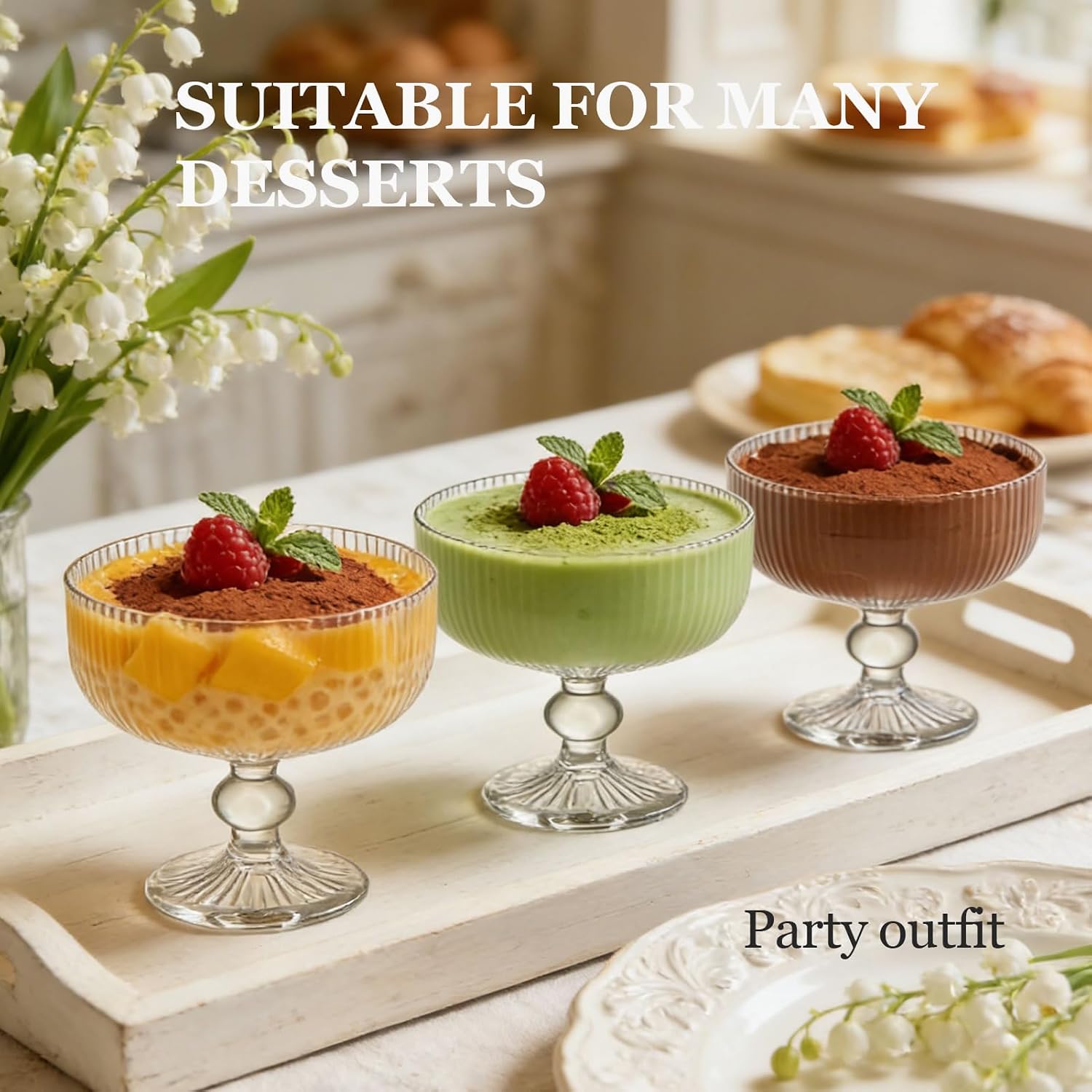Glass Dessert Bowls Set of 6, 10.82 oz Footed Ice Cream Cups, Vintage Fluted Parfait Bowls for Sundae, Pudding, Mousse, Fruit, Yogurt, Trifle, Dessert Serving