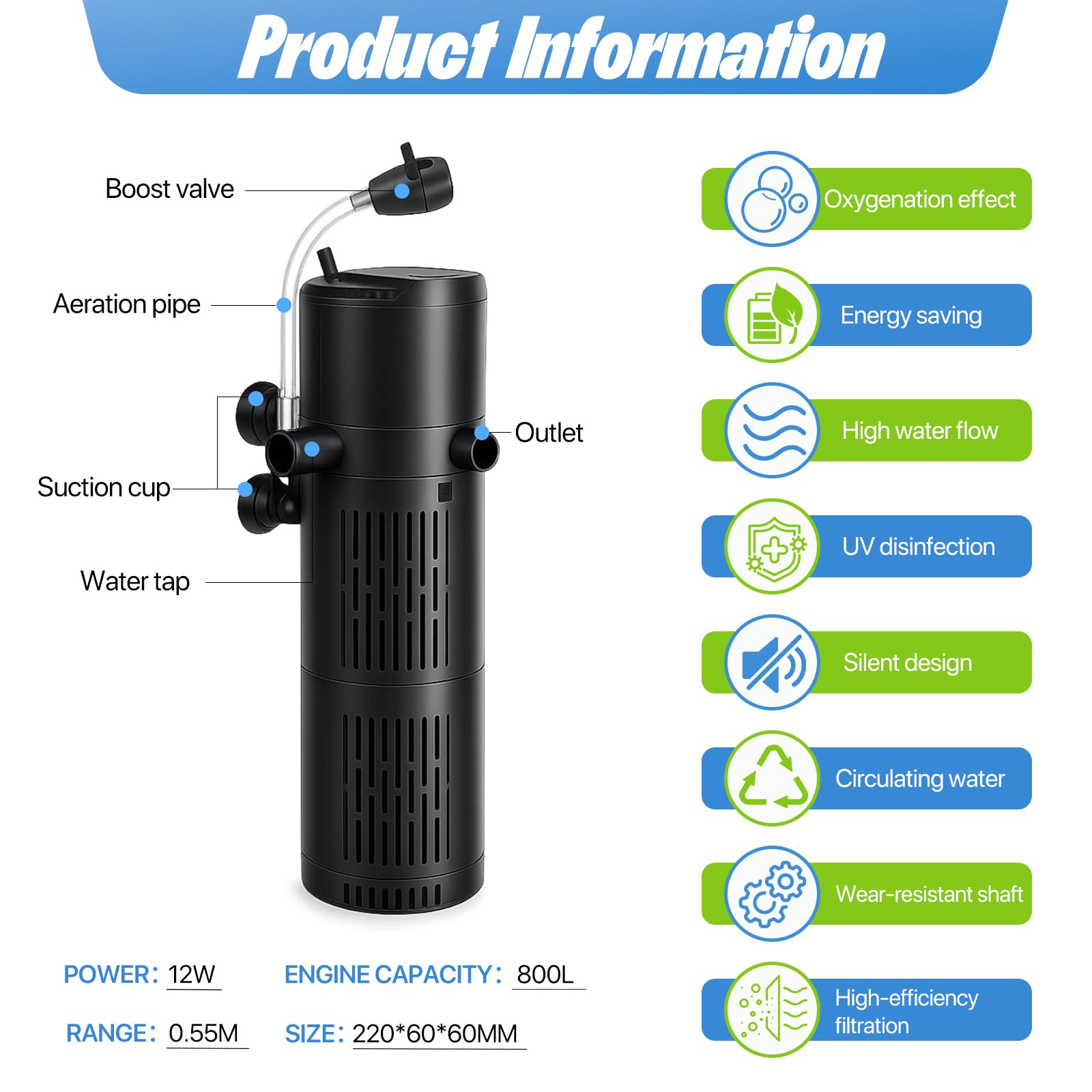 RoserRose Filtro per acquario con sterilizzatore UV da 6 W, 800 l/h, filtro interno 4 in 1, pompa dell'acqua, ventilazione e formazione d'onde, silenzioso, filtro per acquario con timer, per acquario