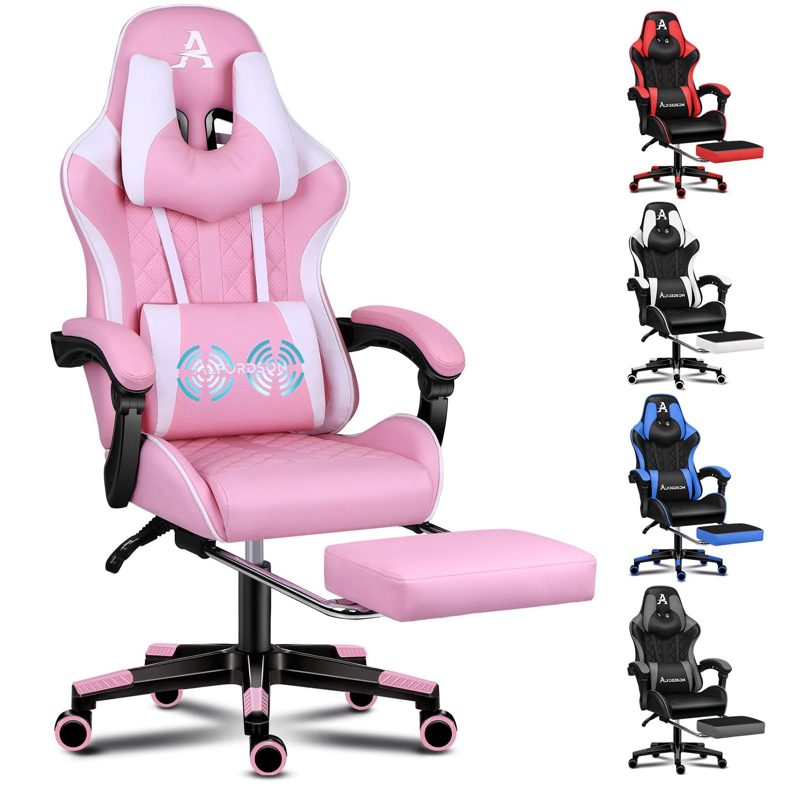 ALFORDSON Gamingstoel met massage-lendenwervelkussen, ergonomische gamer-racer-stoel met verstelbare rugleuning, draaistoel met voetensteun, in hoogte verstelbaar, roze ALFORDSON Gamingstoel met massage-lendenwervelkussen, ergonomische gamer-racer-stoel met verstelbare rugleuning, draaistoel met voetensteun, in hoogte verstelbaar, roze