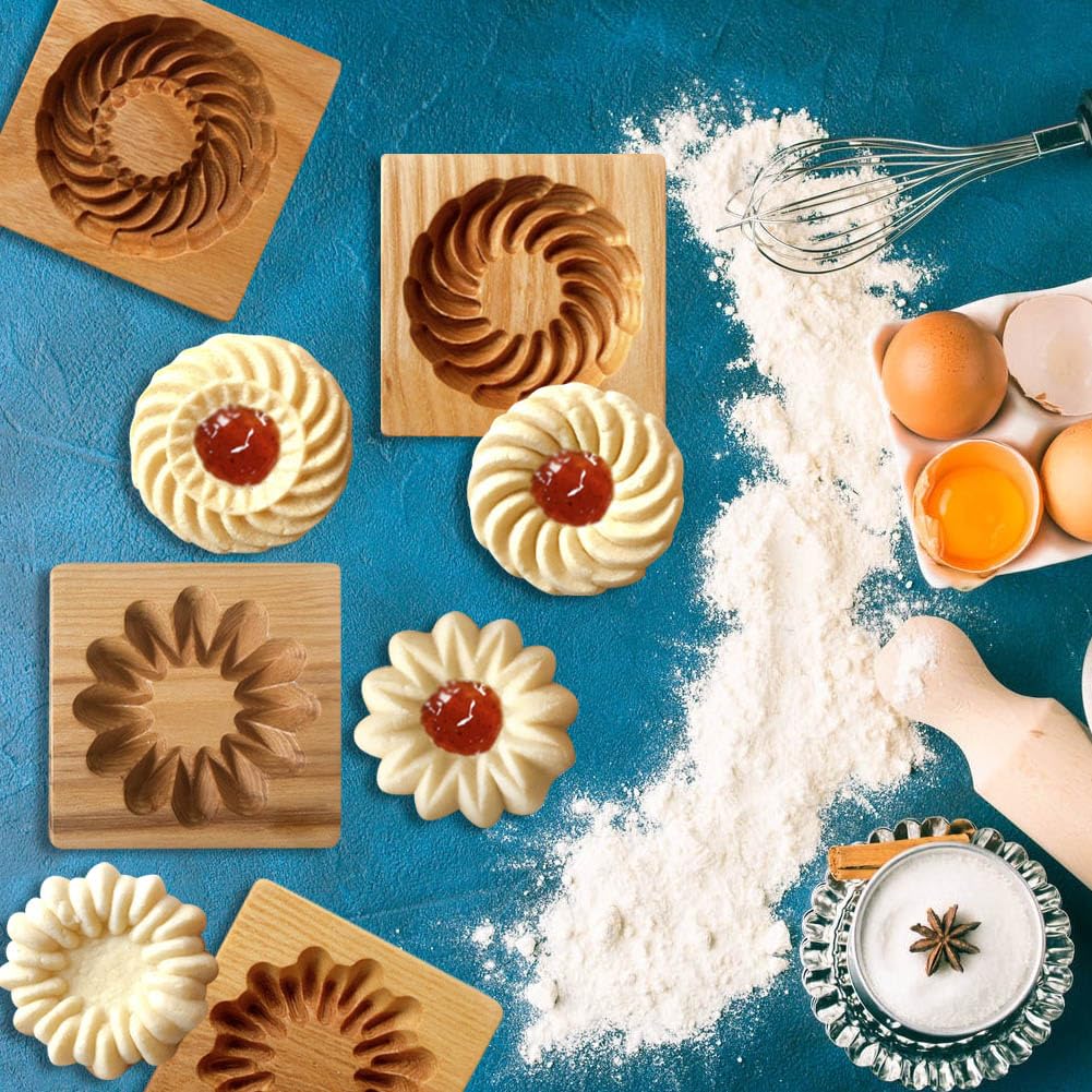 4 moldes de madera para galletas, moldes de galletas de madera, moldes de galletas 3D, divertido grabado en relieve, herramienta de horneado para Navidad, Halloween, Pascua, cocina, bricolaje