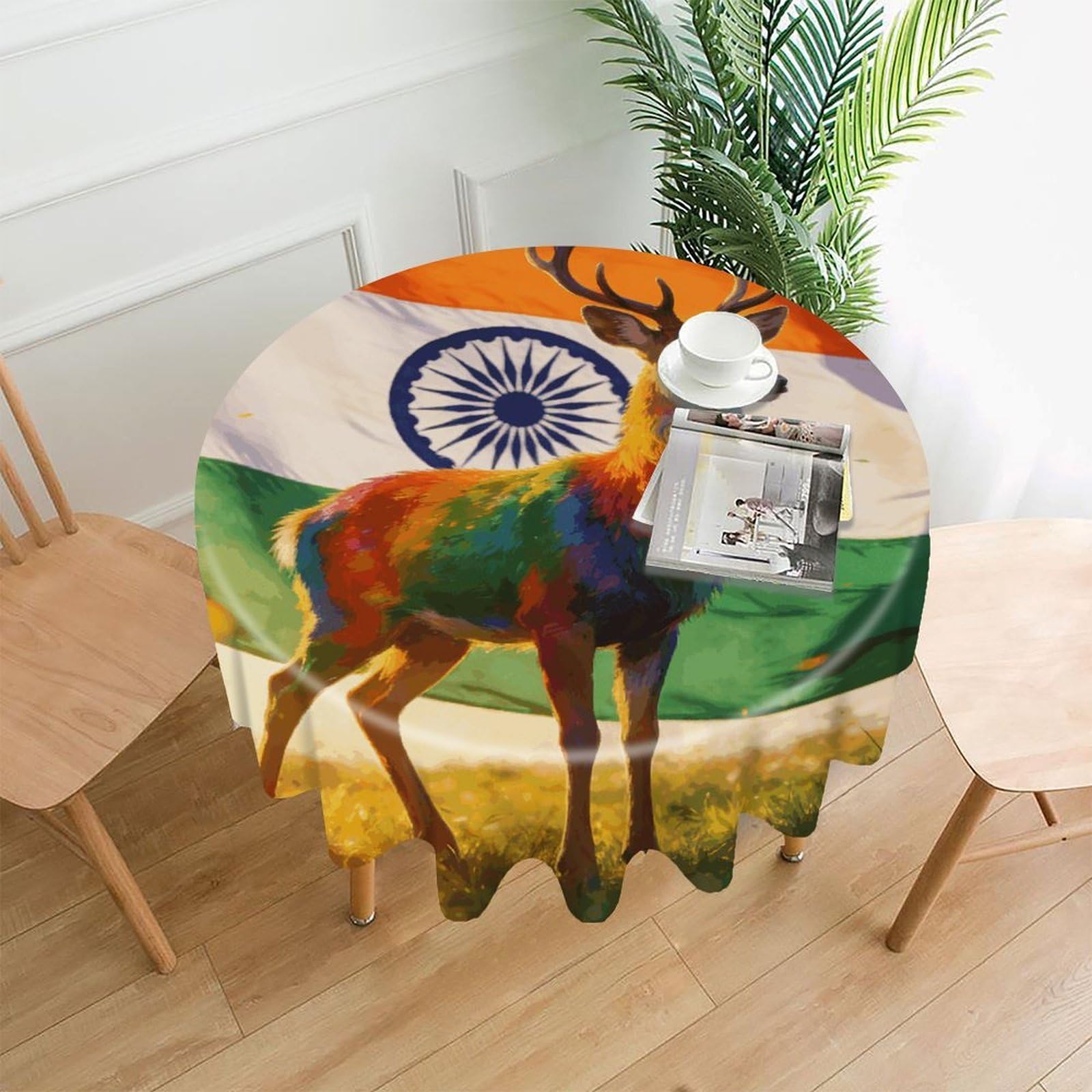 LZQPOEAS Colorful Deer and National Flag Tablecloth Easy to Clean Polyester Round Table Cover Washable Round Table Cloth Wrinkle-Free Circle Decoration Tablecloth for Kitchen and Dining Room 60"