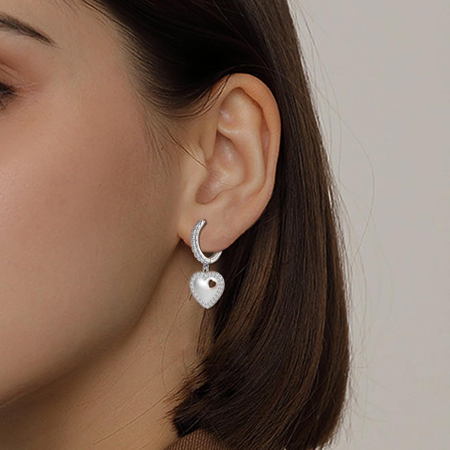 Heart Earrings for Women - Sterling Silver Dangle Hoop Earrings for Lady Hypoallergenic Sparkle Cubic Zirconia Infinity Love Heart Earring for Sensitive Ears Dainty Jewelry Gifts for Her Wife Mom - Image 3