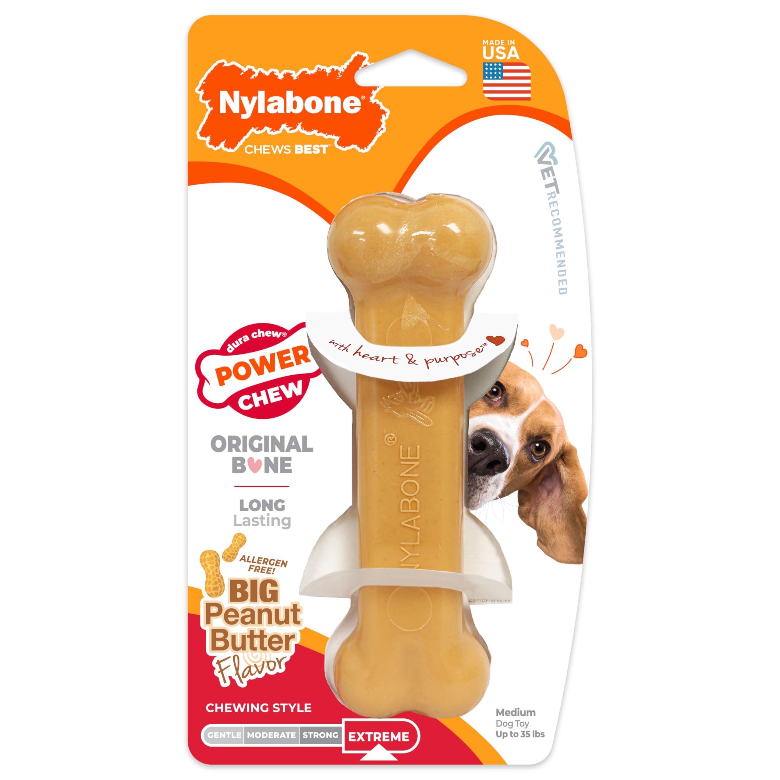 Nylabone Power Chew Classic Bone Chew Toy for Dogs, Durable Dog Toys for Aggressive Chewers, Peanut Butter Flavor, Medium/Wolf - Up to 35 lbs. (1 Count)