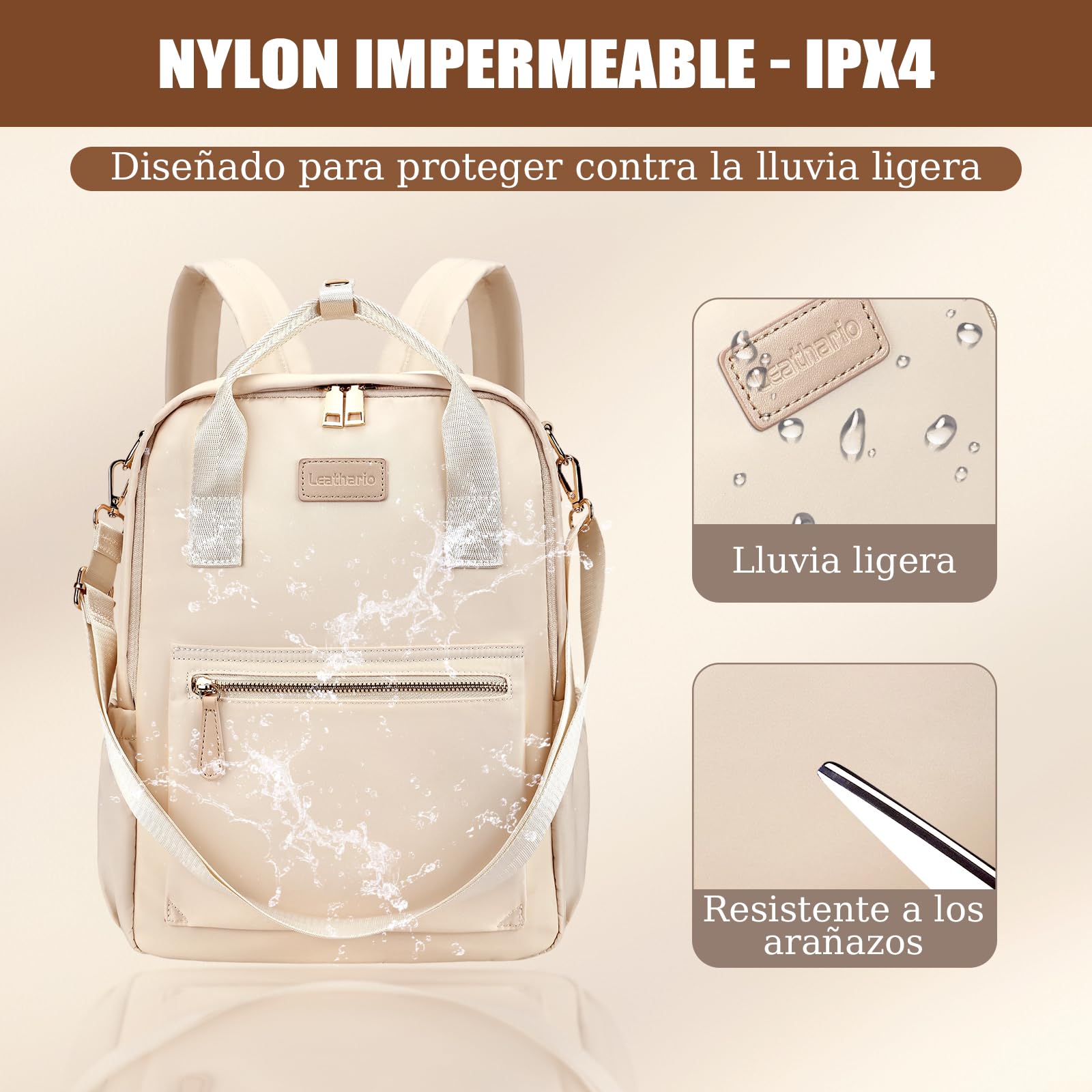 Leathario Mochila Mujer Antirrobo e Impermeable, Mochila Portátil para Laptop 13.3 Pulgadas, para Universidad, Trabajo y Uso Casual, Regalo Mujer (Beige)