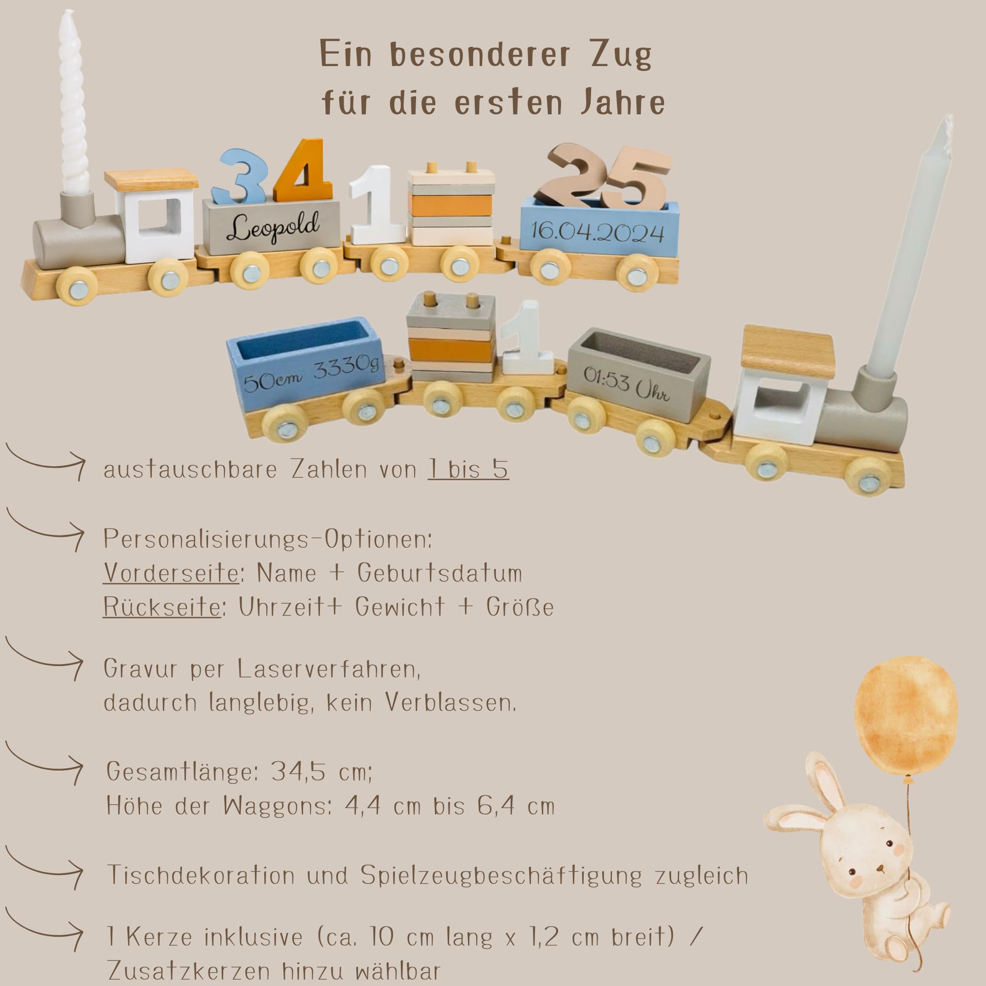 Personalisierter Geburtstagszug aus Holz mit Zahlen 1–5 – Kinder Geburtstagszug mit Kerzenhalter – Tischdeko & Spielzeug für Kindergeburtstag – Geschenk zum 1.–5. Geburtstag