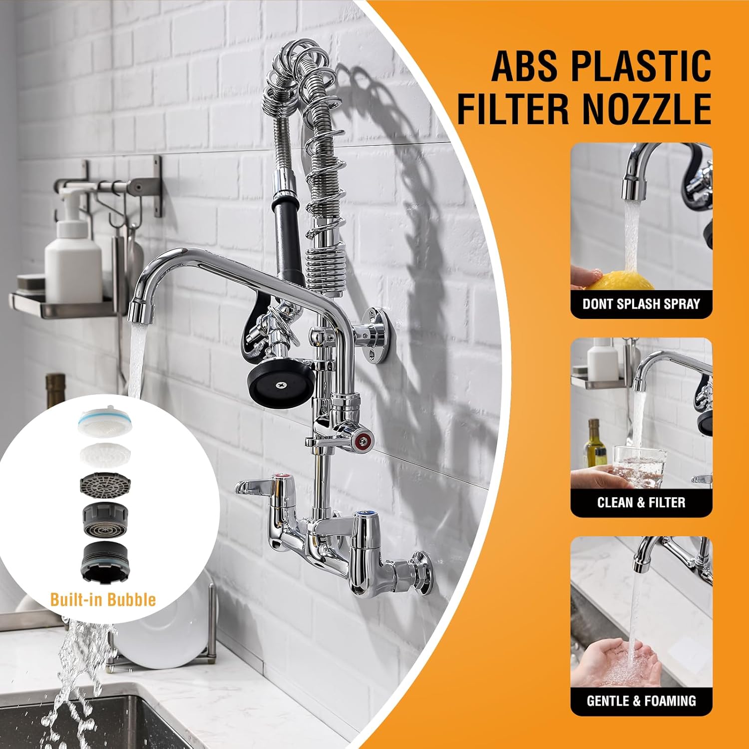 GIMILI Commercial Sink Faucet with Sprayer, 21" Height 8 Inch Center Pull Down Wall Mount Faucet for Restaurant, Kitchen, Industrial, Farmhouses Sink