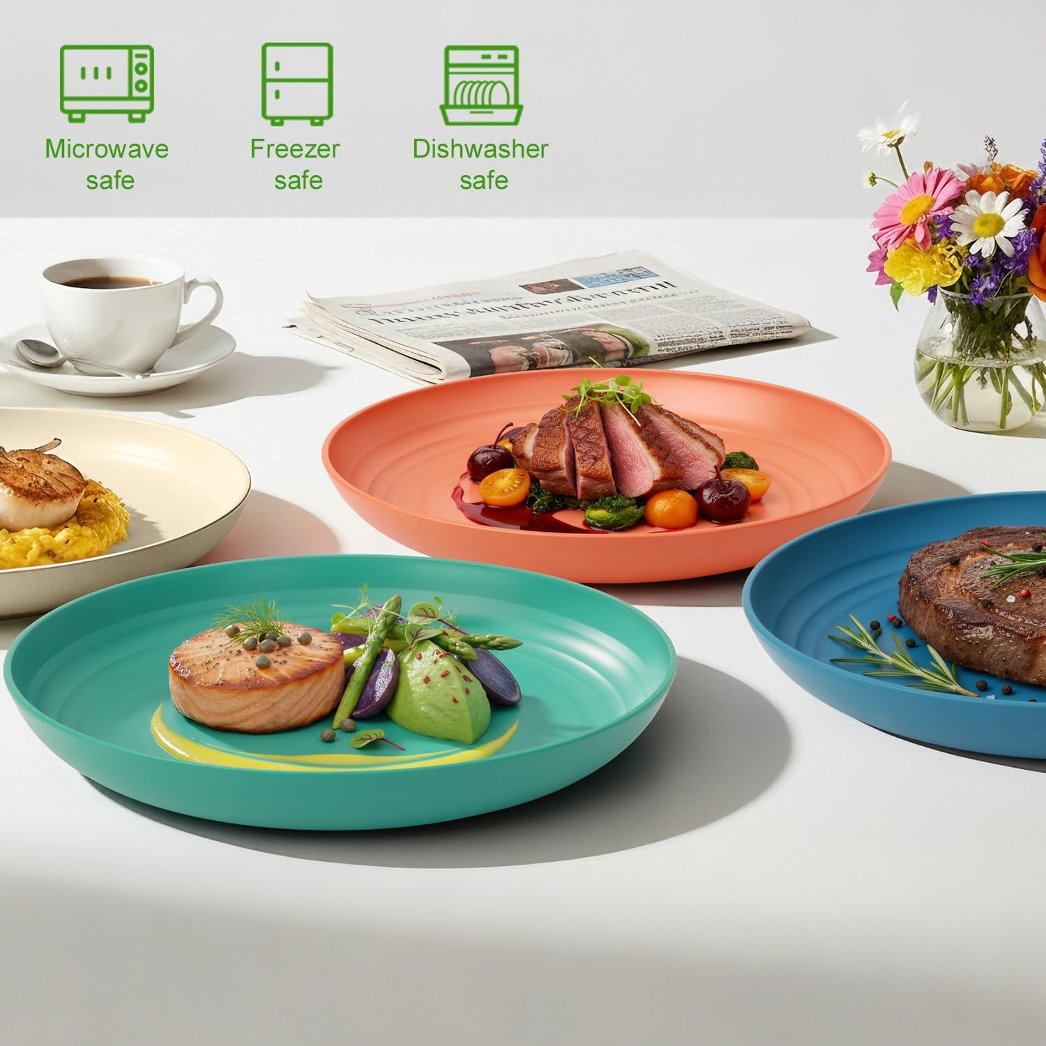 Wheat Straw Plates, 9 in Deep Dinner Plates Set of 6, Alternative Plastic Plates Reusable, Unbreakable Microwave and Dishwasher Safe Kids Plate for Kitchen, Camping, Multi Multicolor 9 INCH