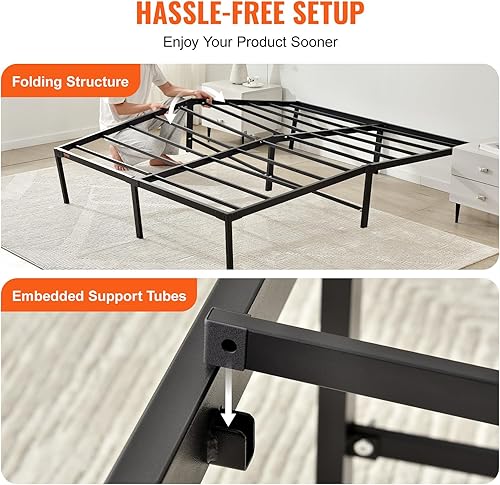 Miniatura 7 de VEVOR Base de cama de metal de 18 pulgadas, no necesita somier, capacidad de carga de 1500 libras, base de colchón resistente con soporte de