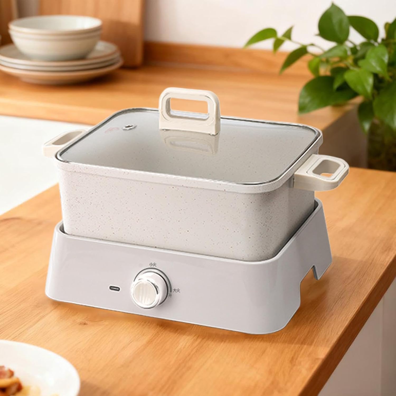 Electric Hot Pot Nonstick Removable Adjustable Rectangle Shabu Shabu Pot Multifunctional for Soup Steaming Barbecue Boiling