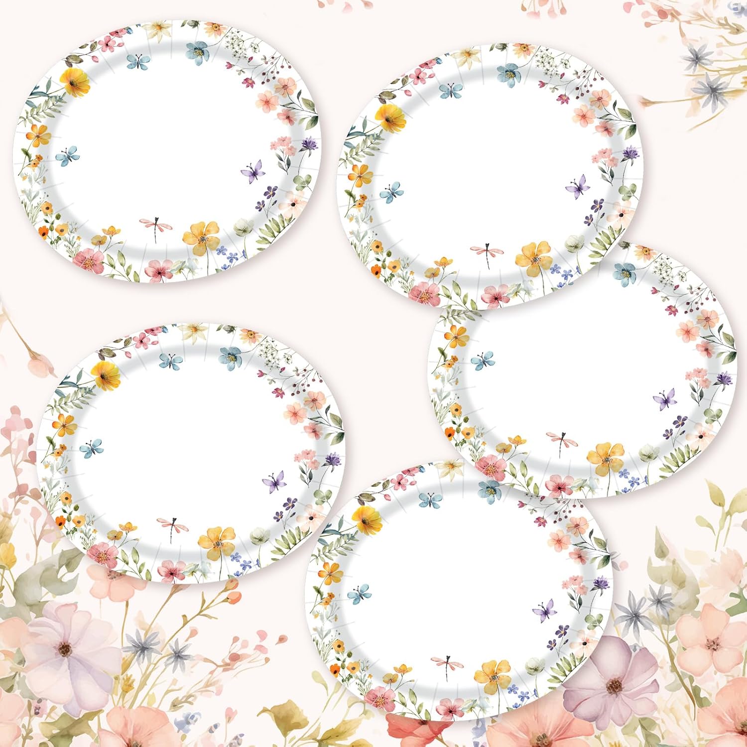 50Pcs Wildflower Oval Paper Plates - 10" x 12" Large Floral Flower Disposable Party Plates for Spring Baby Shower Birthday Bridal Shower Party Supplies…