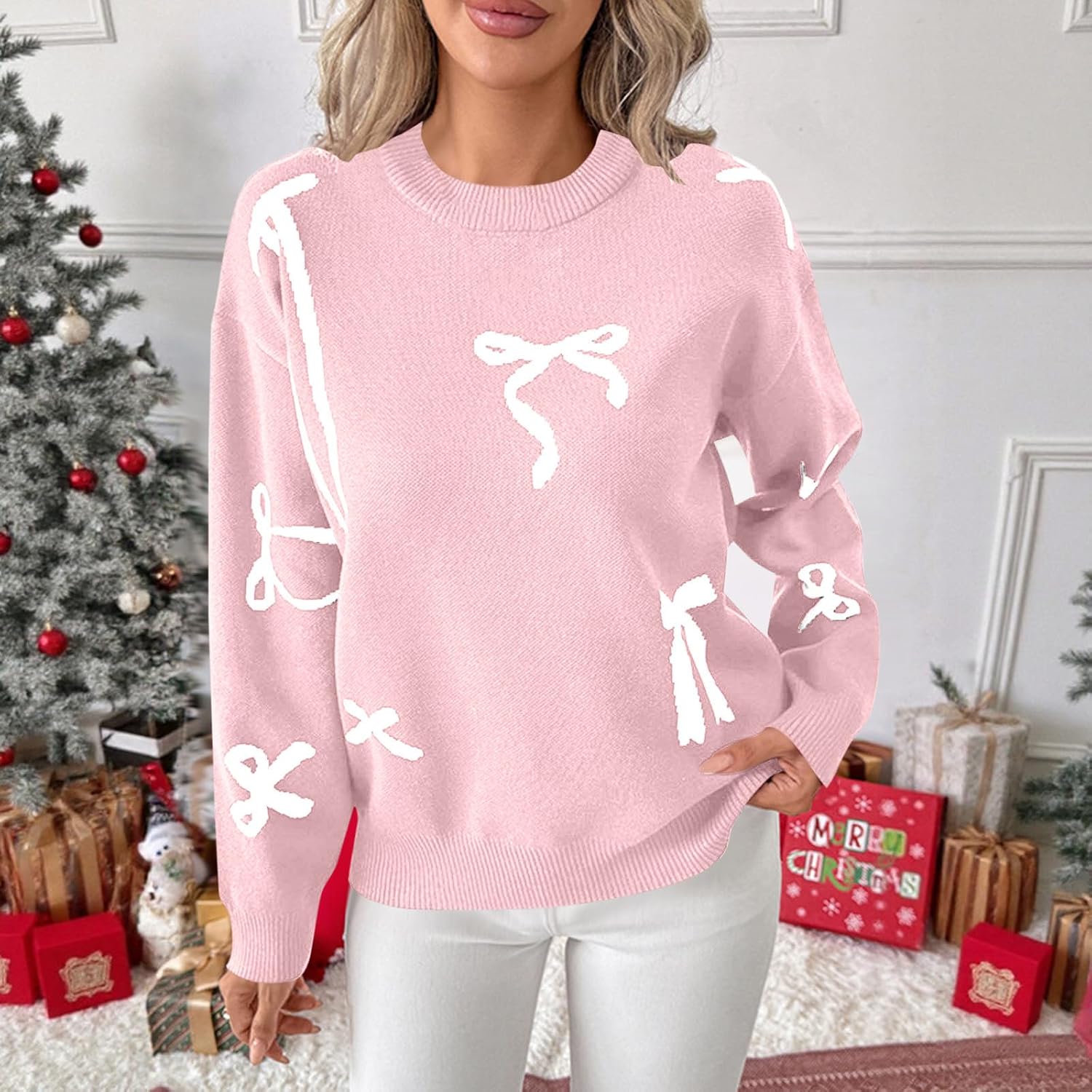Women's Bow-Tie Plaid Sweater - Sweet Style Embroidered Crew Neck Knit Top, Cozy Pullover Sweaters for Parties