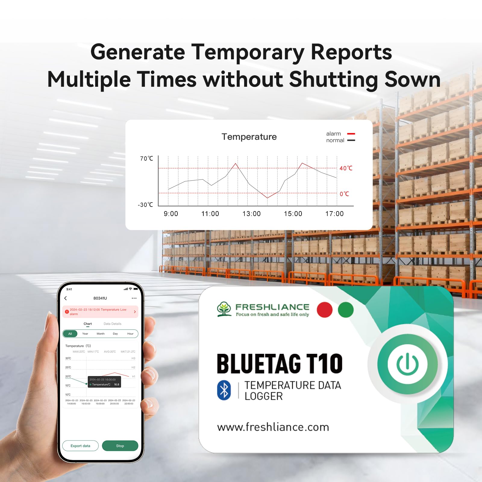 Freshliance - Registrador de datos de temperatura Bluetooth, grabadora de monitor de temperatura remota con exportación de almacenamiento de datos, sonda de sensor de temperatura de uso múltiple para