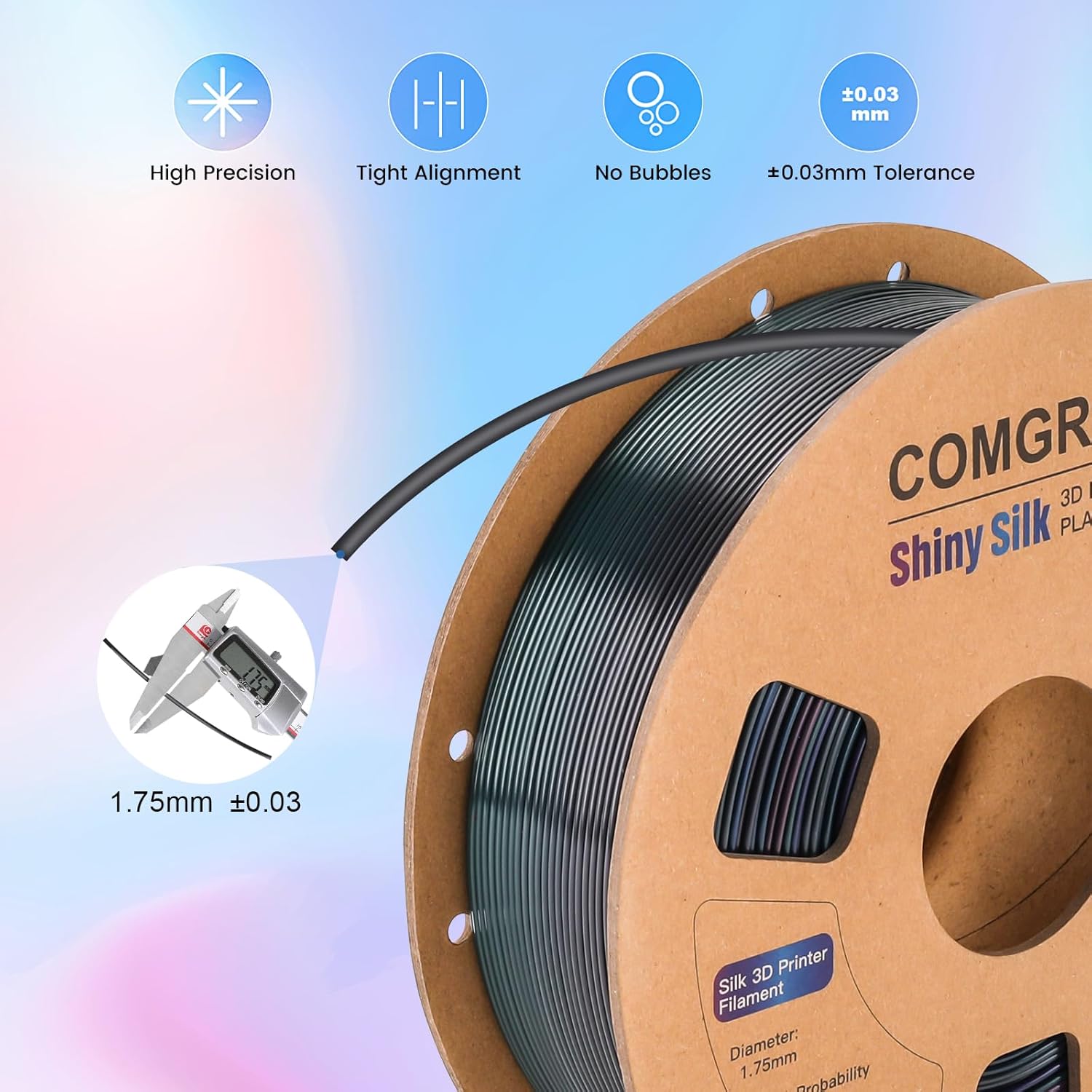 Comgrow Rainbow Colors Silk PLA 3D Printer Filament, PLA Filament 1.75mm, Dimensional Accuracy +/- 0.02 mm, 1KG Spool, Coextrusion 3D Filament with Shiny Silk Rainbow Universe - Image 3