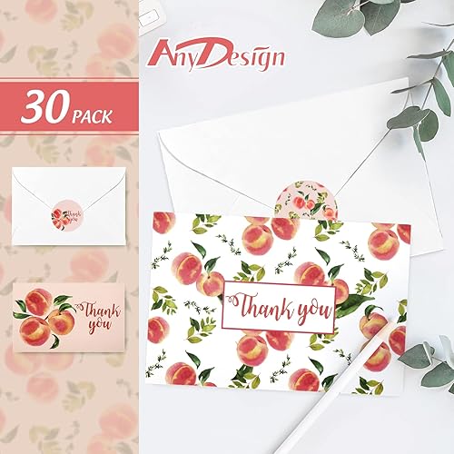 Miniatura 3 de AnyDesign Tarjetas de agradecimiento de melocotón a granel, paquete de 30 notas de agradecimiento en blanco con calcomanías de sello a juego, sobres