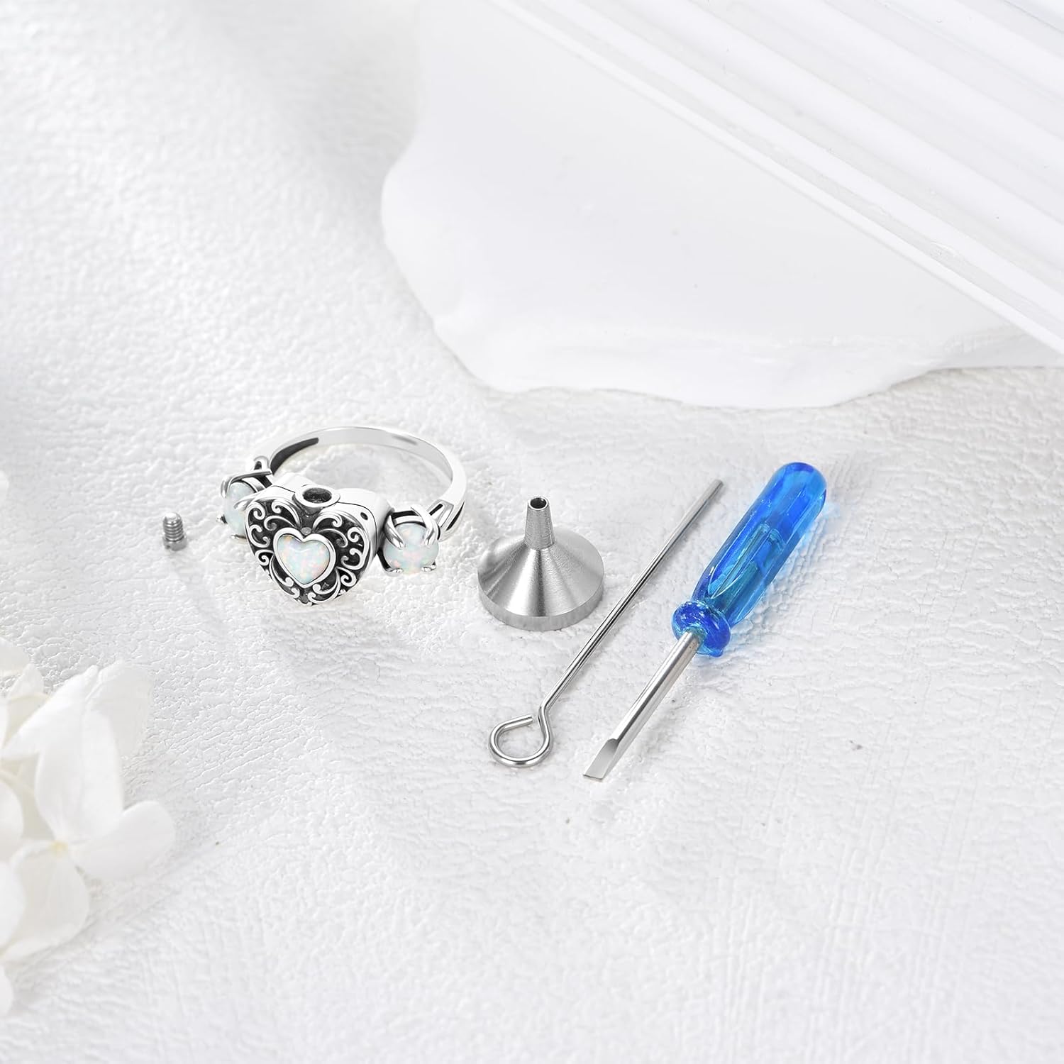 Heart Cremation Urn Ring for Ashes 925 Sterling Silver Created Opal Memorial Urn Rings Keepsake Jewelry with Filling Tool for Women Mother Grandma