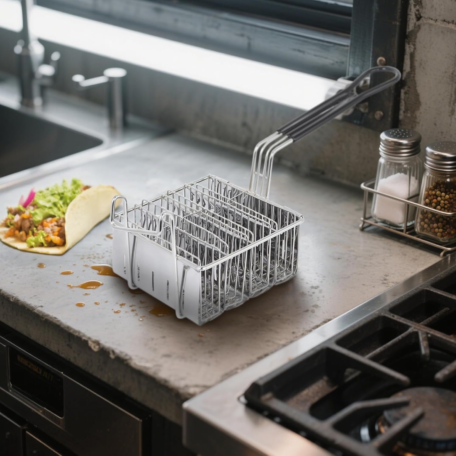Food-Safe Stainless Steel Fryer Basket With 4 Slots For Tacos, Design, Rectangle Shape With Handle, Non-Stick And Easily Cleaned For Domestic And Commercial Use