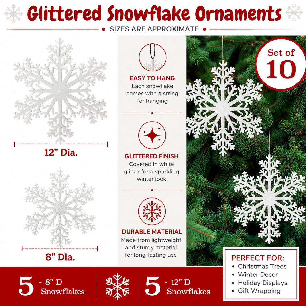 Fiocchi di neve bianchi – Set di 10 – Due misure assortite circa 20,3 cm e 30,5 cm D – Fiocchi di neve glitterati – Decorazioni invernali