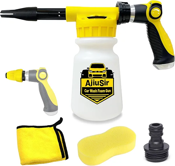 Foam Gun Car Wash Sprayer + Washing Sponge & Absorbent Towel, Hose Nozzle Foam Cannon Car Washing Kit, for Garden Cleaning, Pet Showering (Yellow)