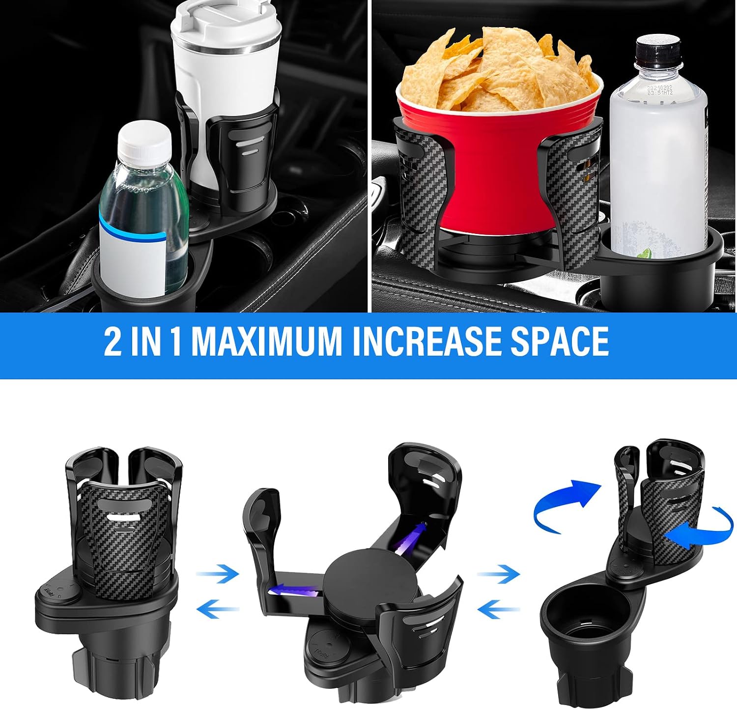 TRIIR 2 in 1 Cup Holder Expander for Car, Dual Car Cup Holder Expander Adapter with Adjustable Rotating Base, Multifunction Stable Cup Holders Extender Black CupHolder-CH006