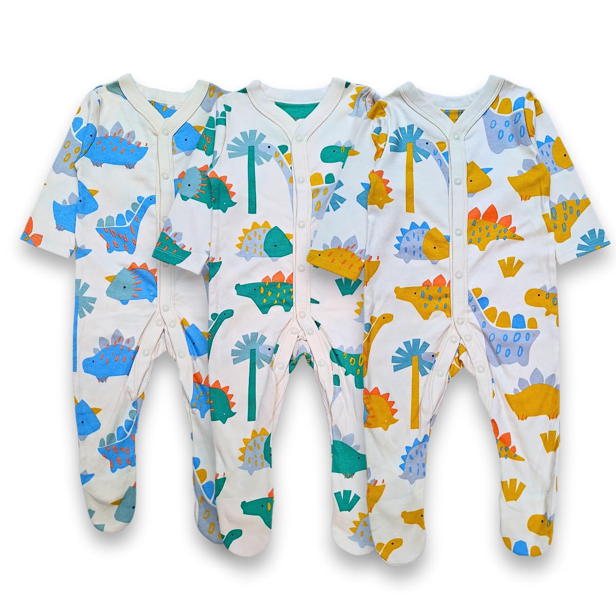 TuddyBuddy 100% Cotton Multi Color Footed Romper/Bodysuit/Sleepsuits for Baby - (Pack of 3 Sleepsuits - Dinos, 6-9 Months) - Image 2 thumbnail