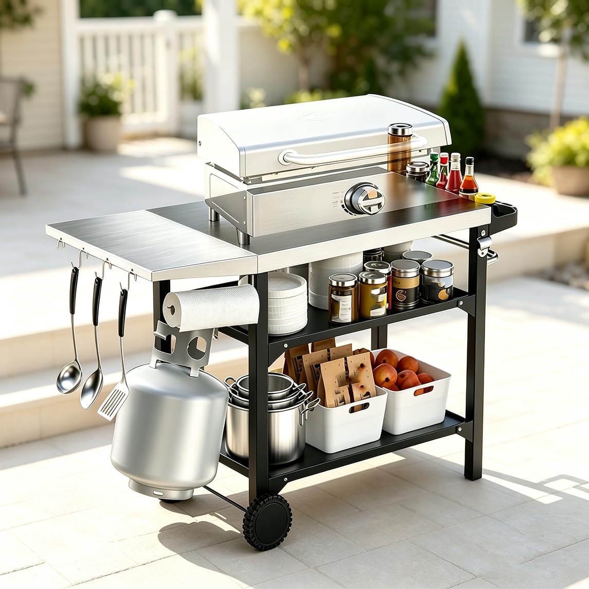 Tavolo da Pranzo da Esterno Portatile da 80Cm su Ruote Carrello per Barbecue in Acciaio Inossidabile A Tre Ripiani Tavoli Multifunzionali Preparazione dei Cibi,Argento