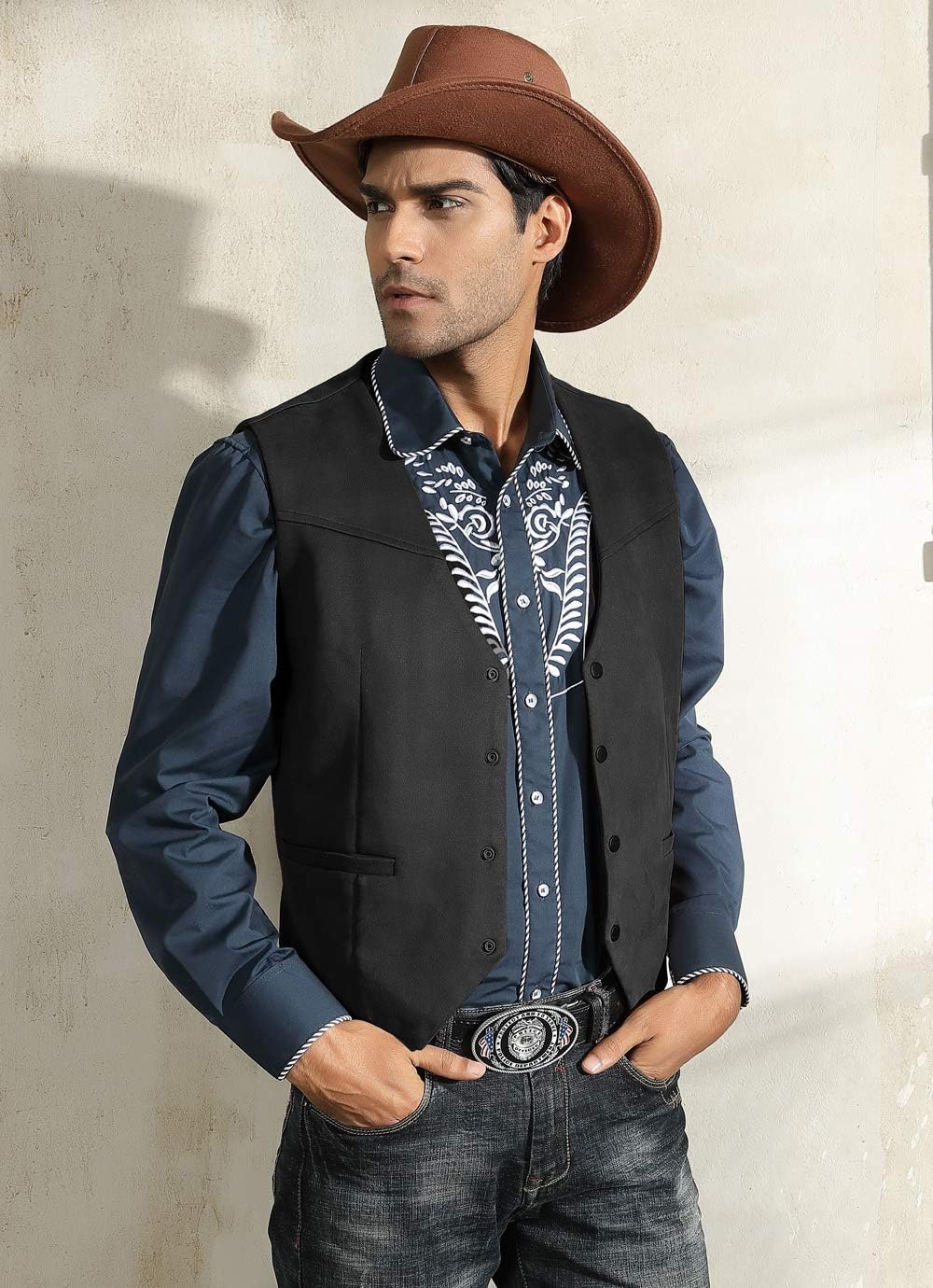 PJ PAUL JONES Men's Western Cowboy Suit Vest Slim Fit Faux Suede Leather Dress Vests Waistcoat for Wedding - Image 3